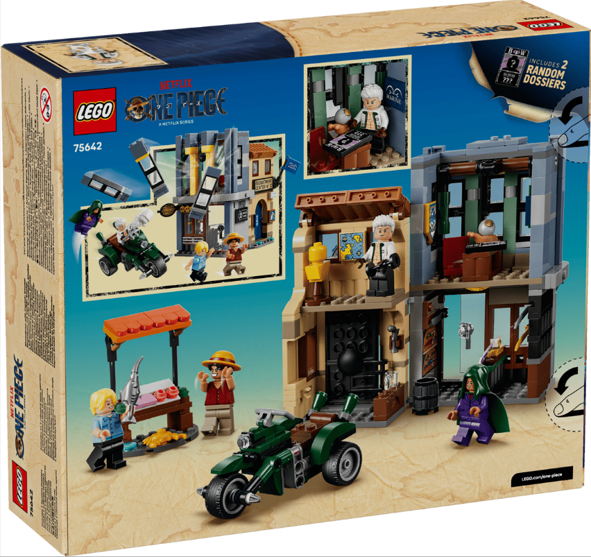 LEGO One Piece Set 75642 mit Figuren, Fahrzeugen und Gebäuden auf Wüstenhintergrund.