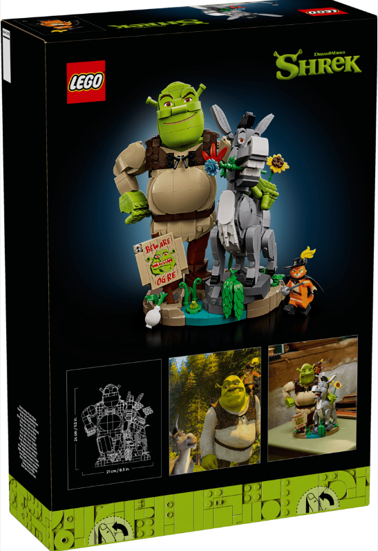 LEGO Shrek-Set mit Shrek, Esel und Puss in Stiefeln auf einer Basis.