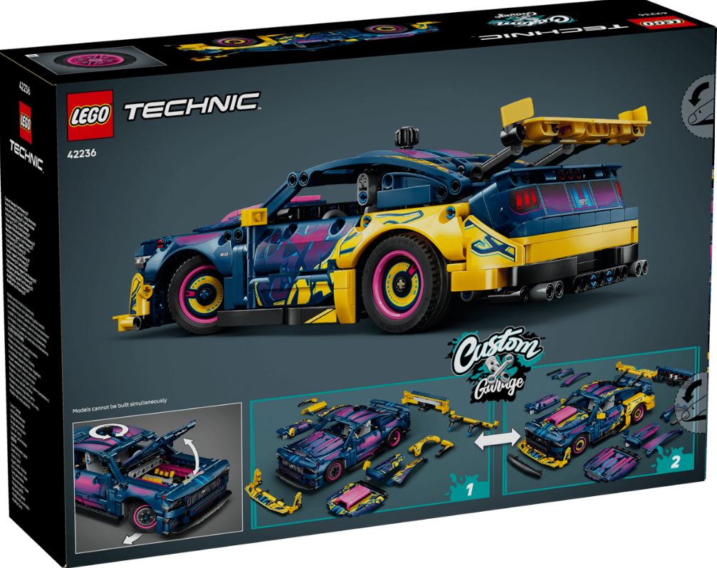 LEGO Technic Set 42236: Ein blauer und gelber Rennwagen mit pinken Akzenten auf dunklem Hintergrund.