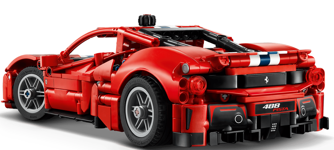 Rotes Lego-Modell eines Ferrari 488 Pista mit blauen und weißen Streifen.