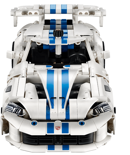 Ein weißes Lego-Sportwagenmodell mit blauen Streifen und einem Heckspoiler.