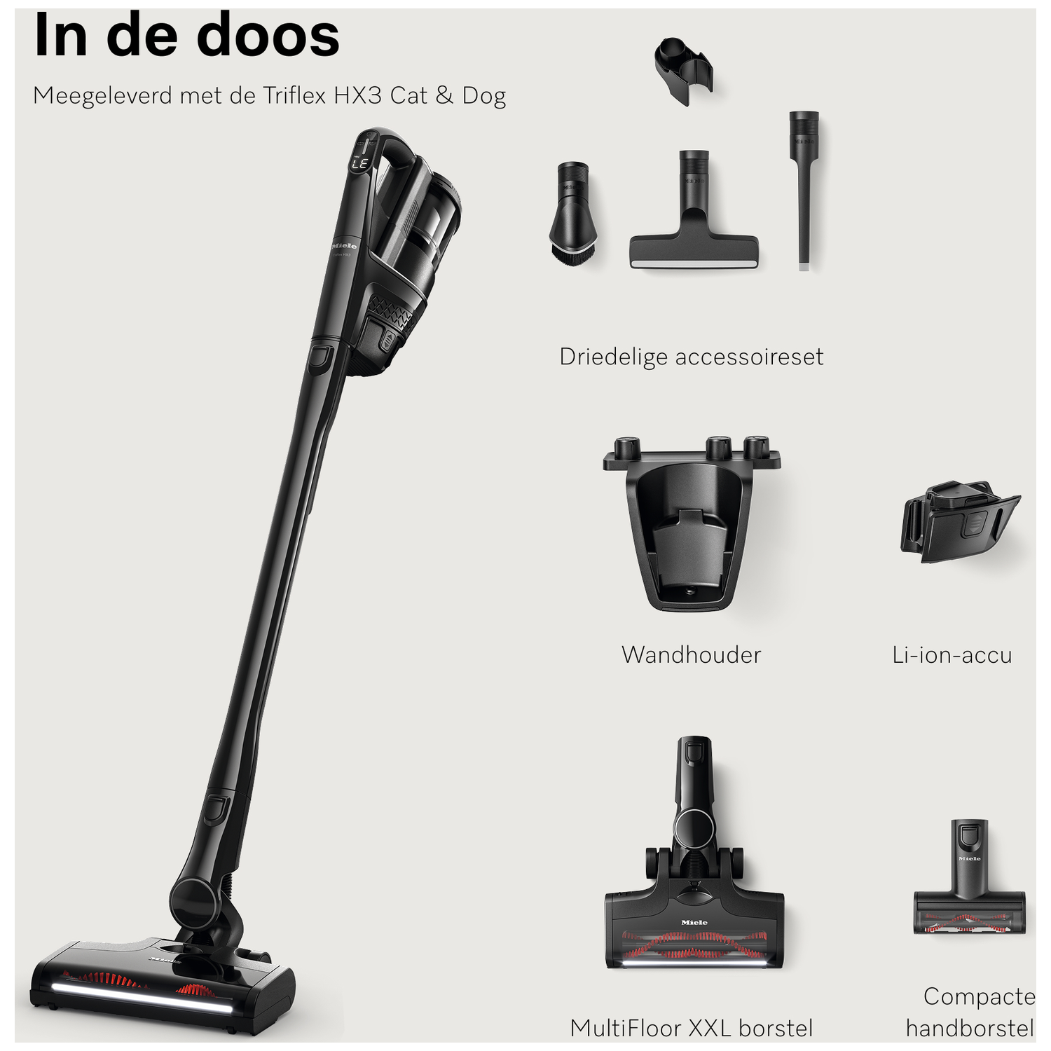 Zwarte Miele steelstofzuiger met accessoires: vloerborstel, wandhouder, accu.