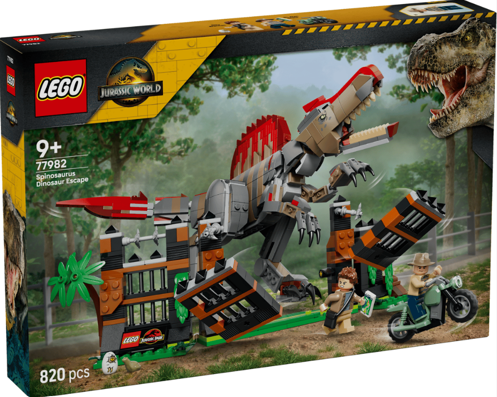 LEGO Jurassic World Spinosaurus-Flucht-Set mit Dinosauriern und Figuren.