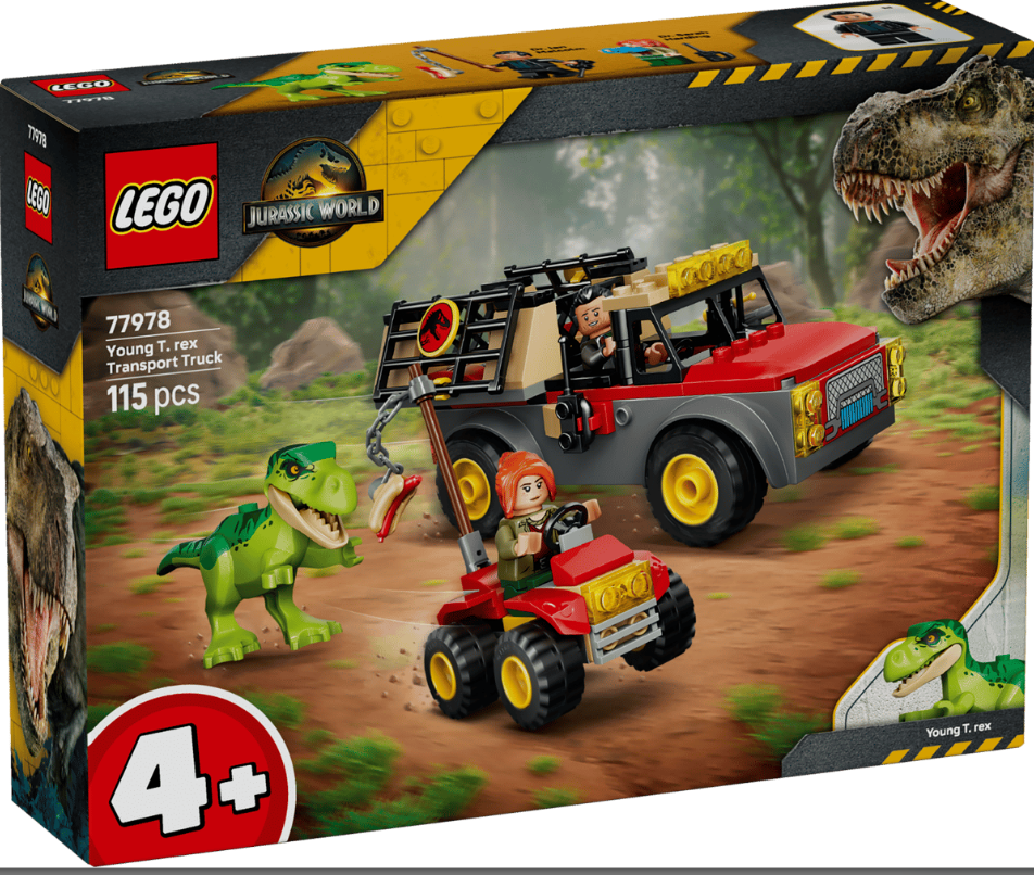 Lego Jurassic World Set: Ein Truck und ein Quad mit Figuren und Dinosauriern.