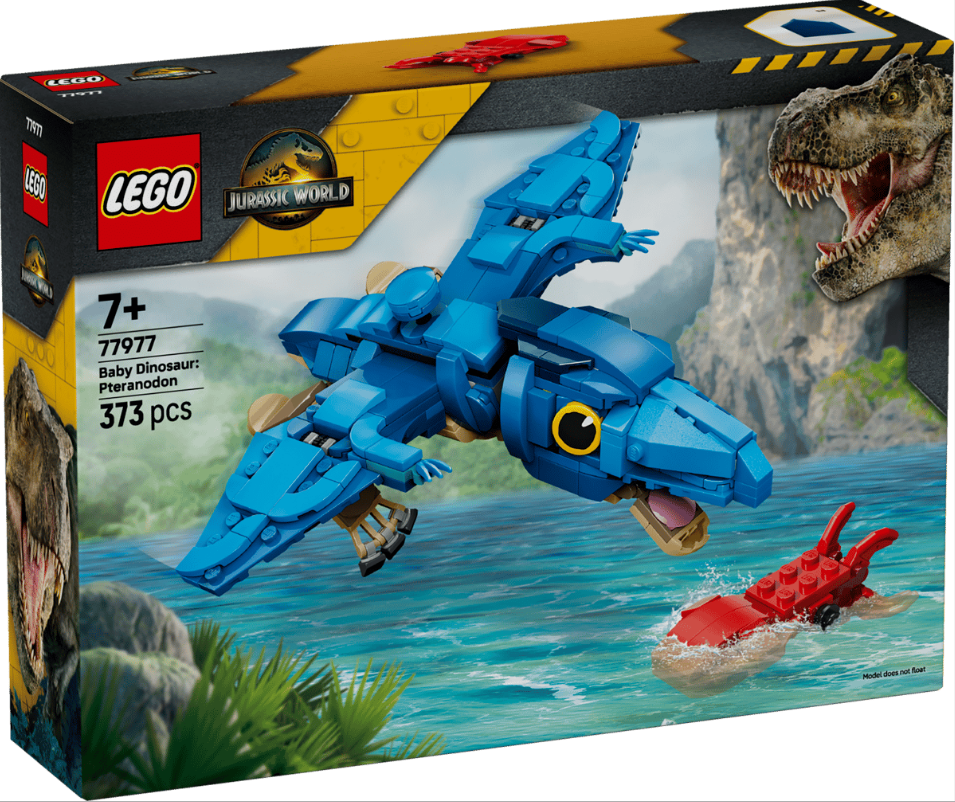 LEGO Jurassic World Set mit blauem Pteranodon, rotem Dino und T-Rex.