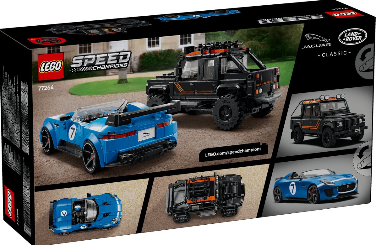 Lego-Box zeigt einen blauen Jaguar und einen schwarzen Land Rover.