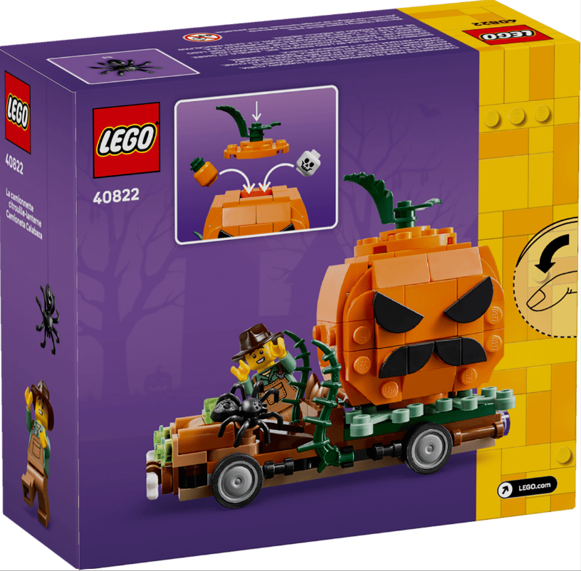LEGO-Karton zeigt einen Halloween-Kürbiswagen mit Minifiguren und Spinnen.