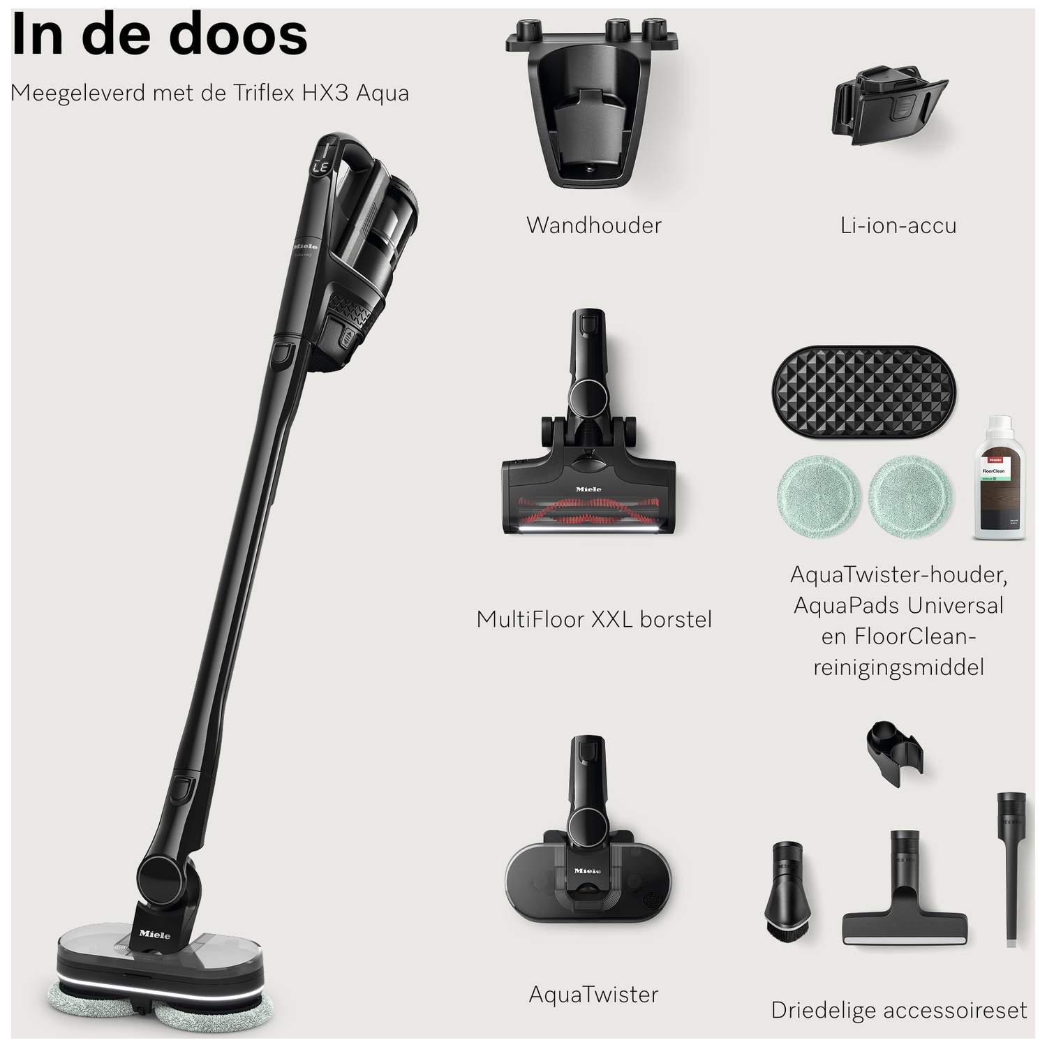 Een zwarte Miele Triflex HX3 Aqua steelstofzuiger met accessoires: oplader, accu, borstels.