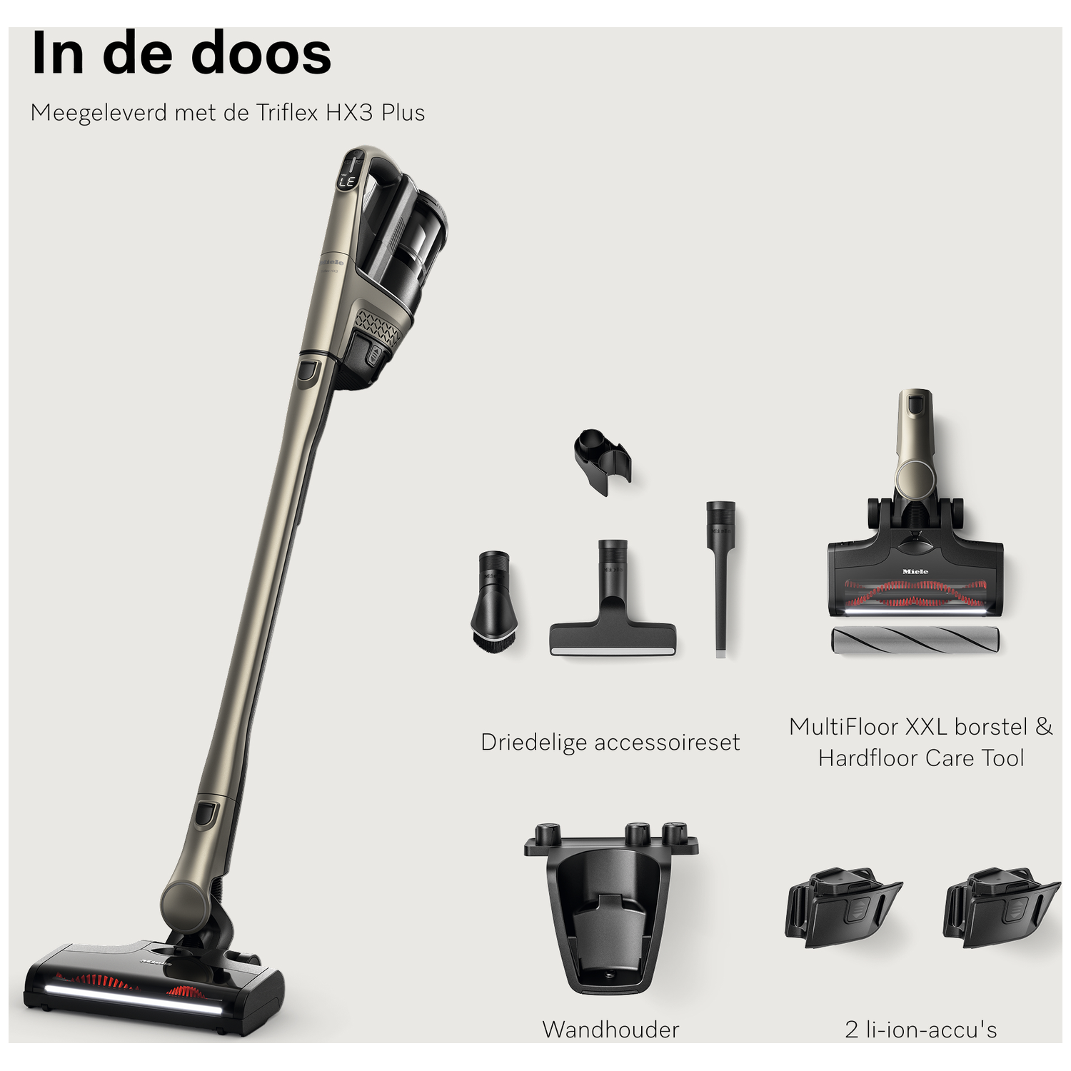 Draadloze stofzuiger met accessoires: handunit, vloerborstel, wandhouder, accu's.