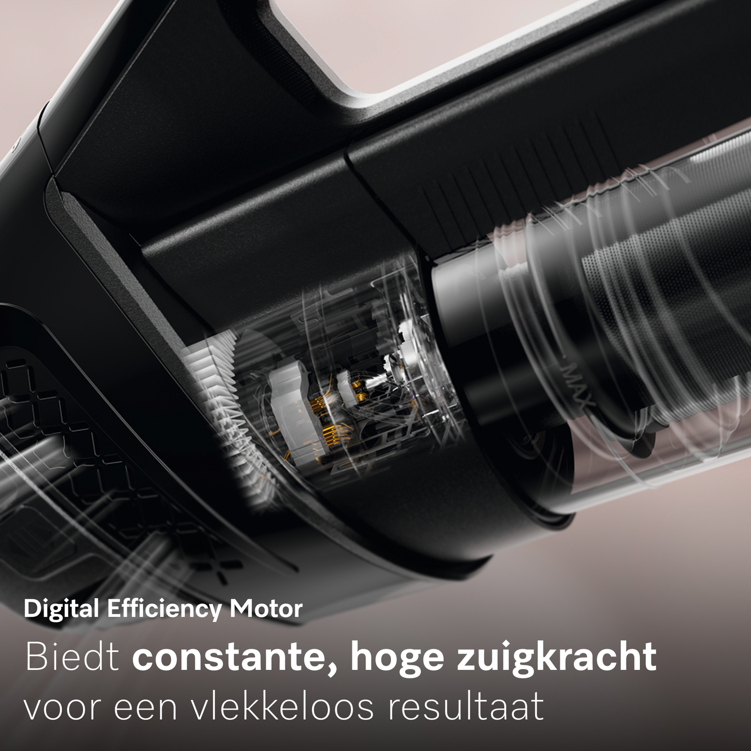 Close-up van de digitale motor van een stofzuiger met een transparante stofbak.