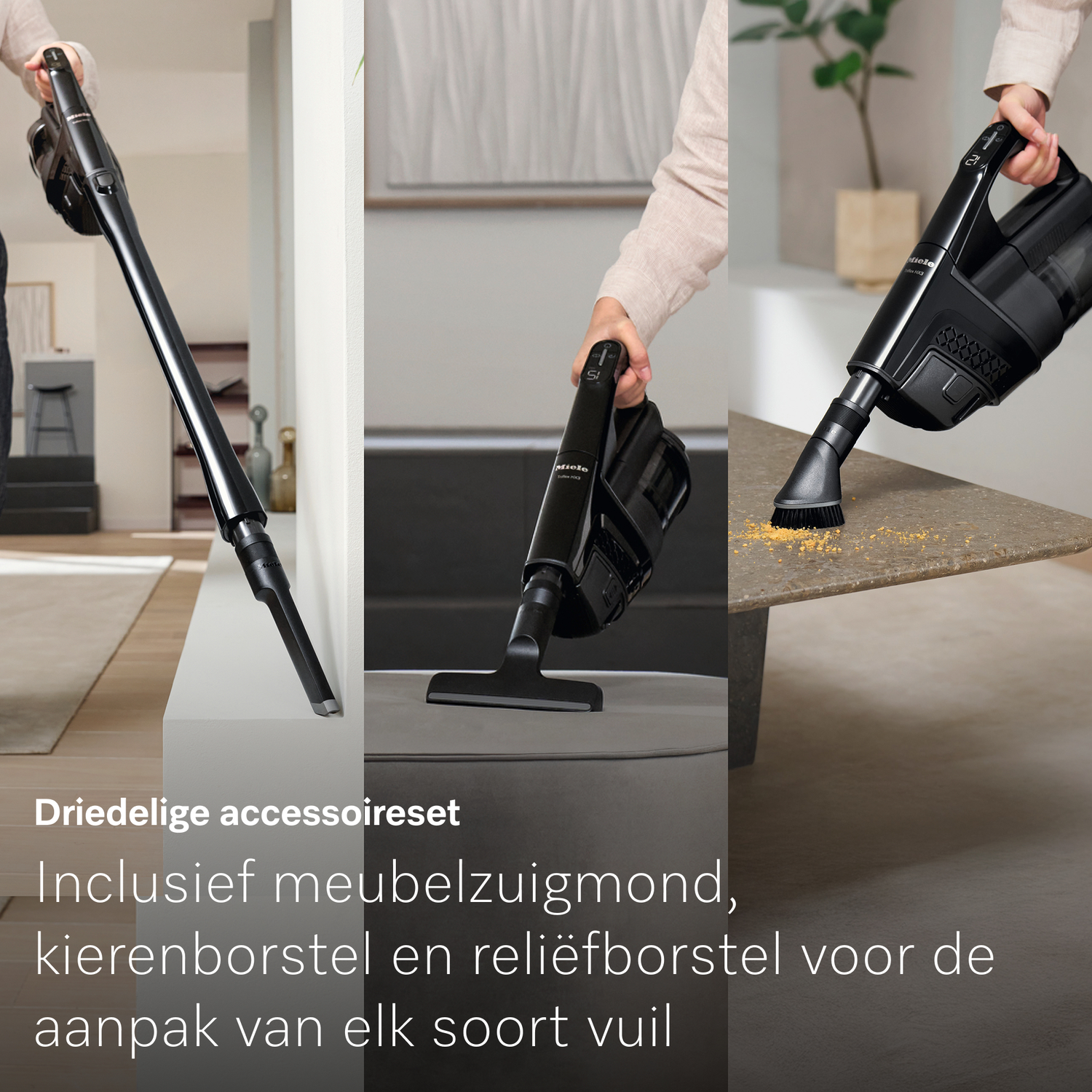Zwarte Miele stofzuiger in gebruik, accessoires getoond.