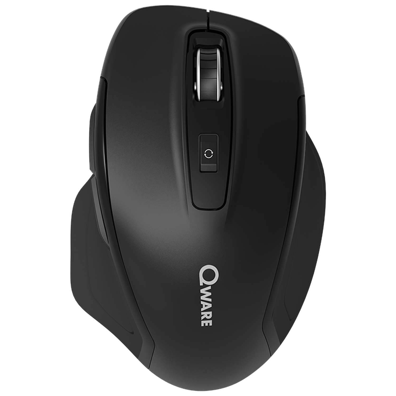 Black Qware computer mouse with a scroll wheel and buttons, viewed from above.