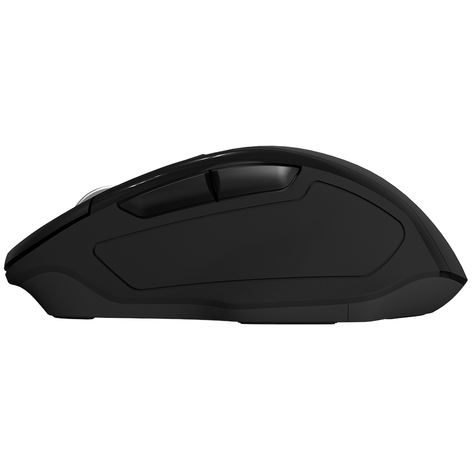 Black computer mouse seen from the side, on a white background.