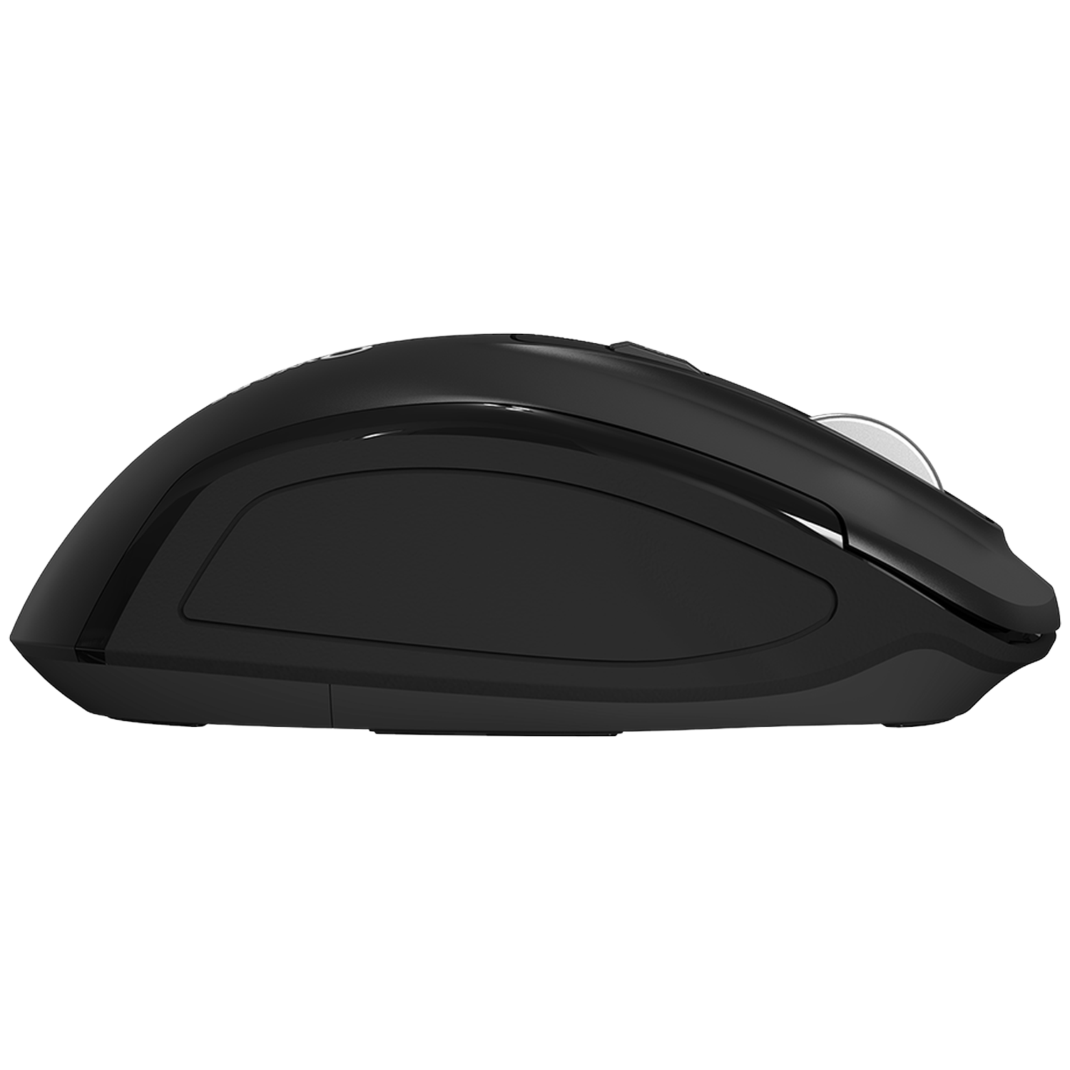 Black computer mouse in side profile on a black background.