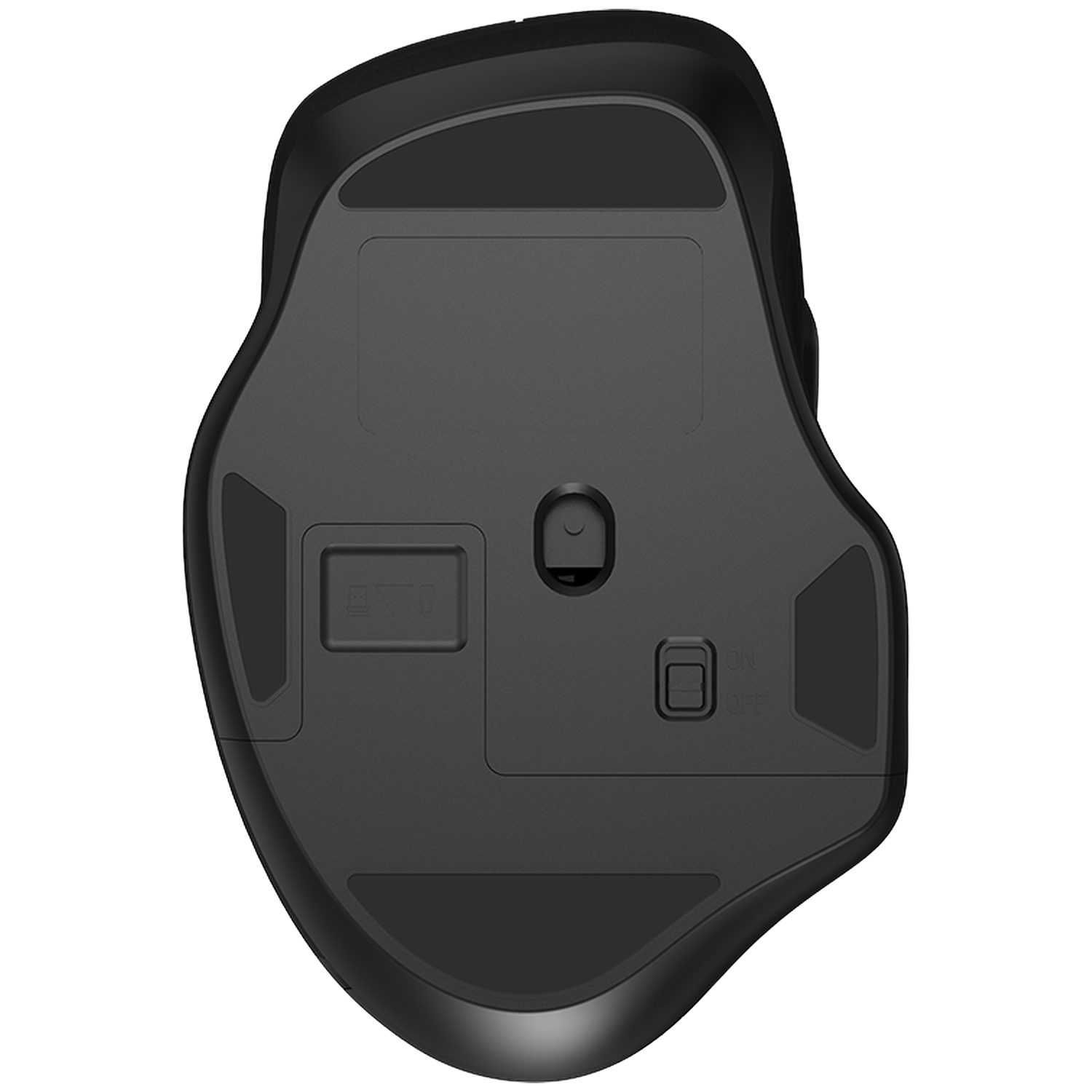 Underside of a black computer mouse featuring an on/off switch and battery cover.
