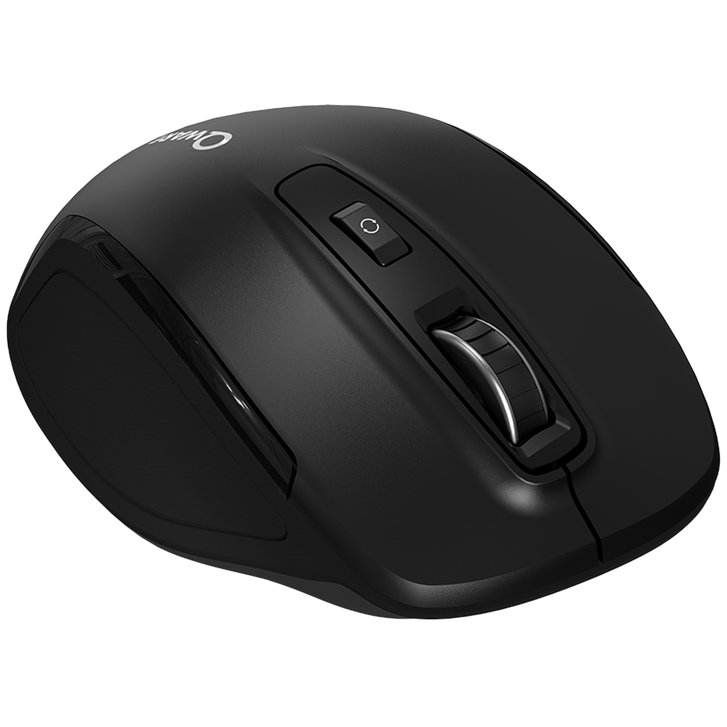 A black computer mouse with a scroll wheel and side buttons on a white background.