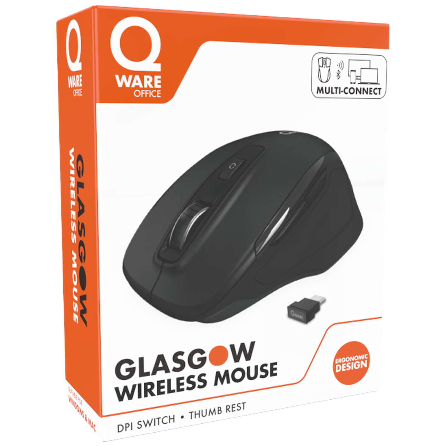 Black wireless mouse with USB dongle on orange and white packaging.