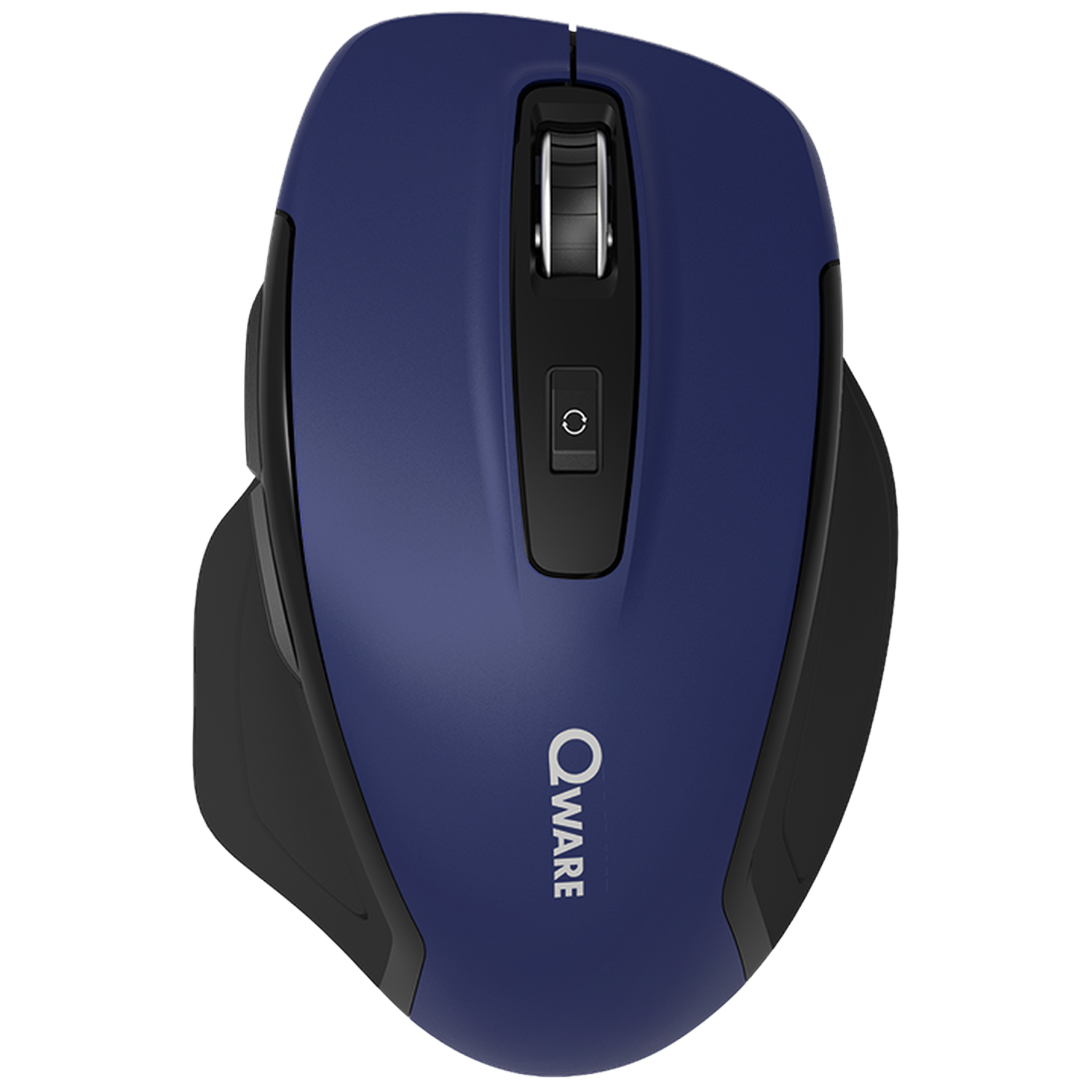 A dark blue computer mouse with a black scroll wheel and DPI button.