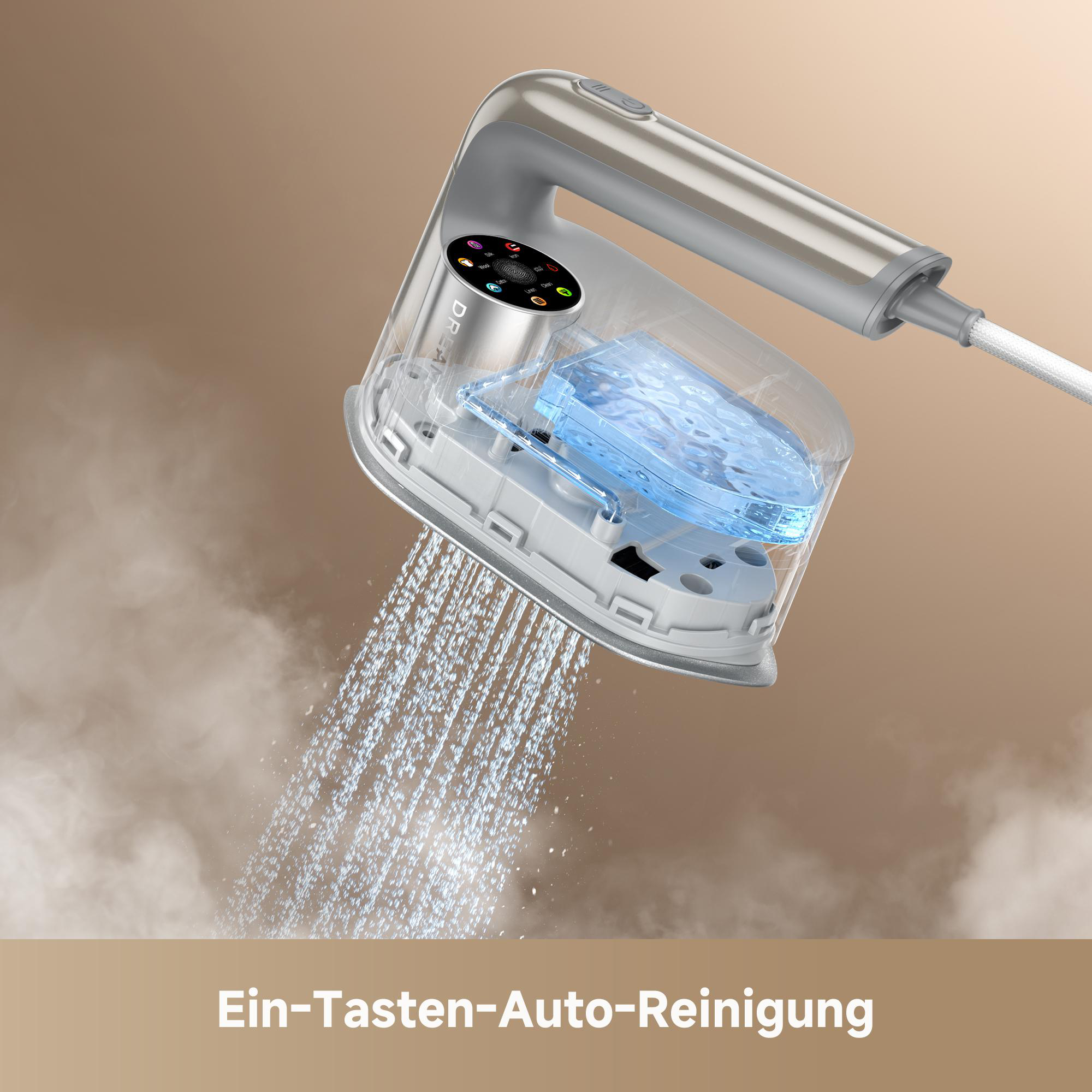 Ein silberner Dampfreiniger sprüht Wasser und Dampf. Anzeige mit Symbolen.