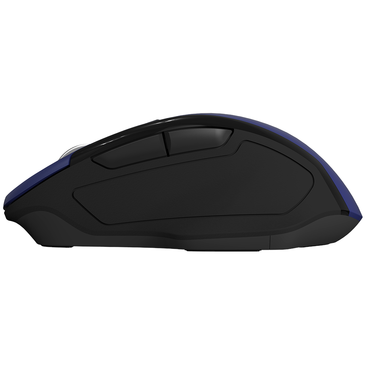 Black computer mouse with blue accents, viewed from the side.