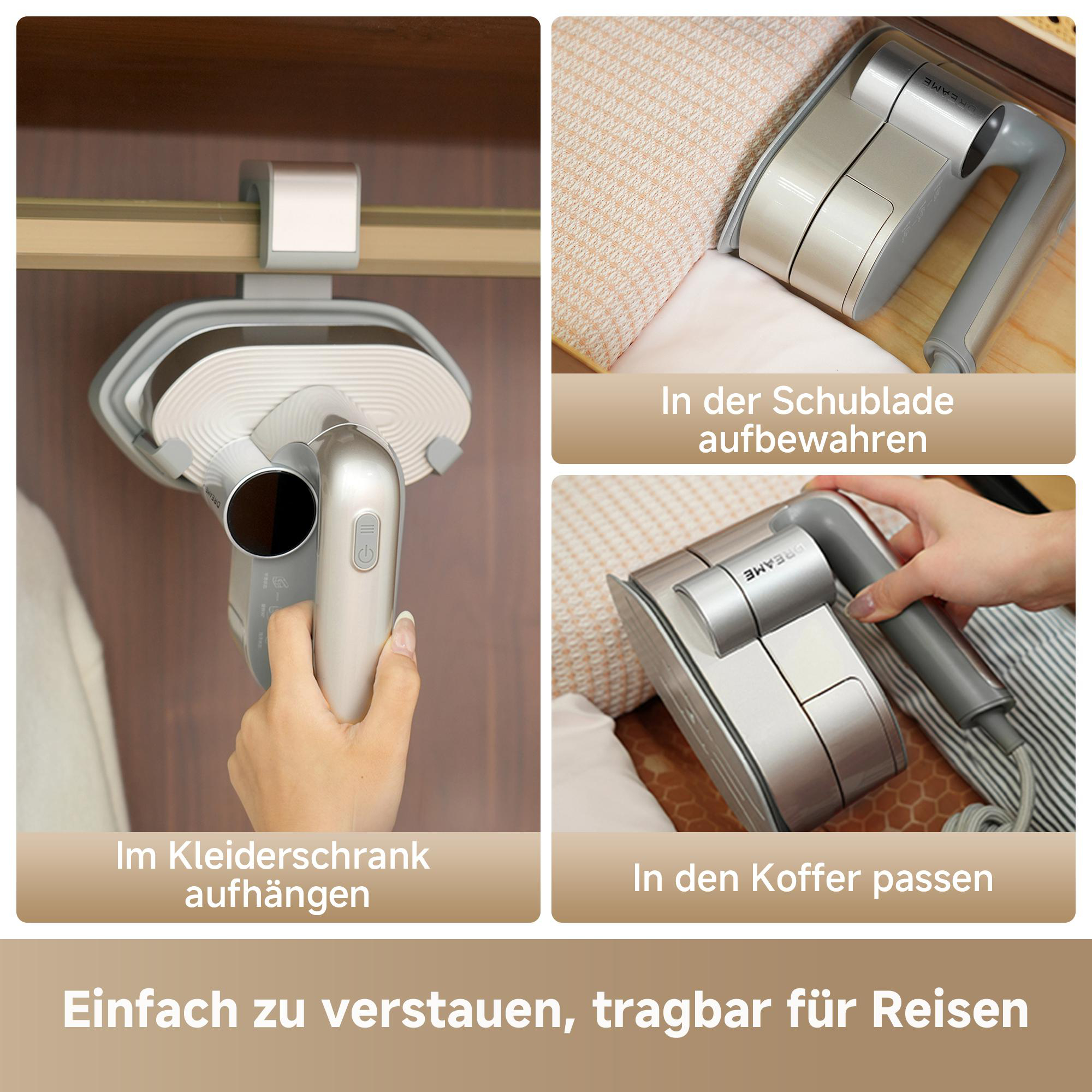 Ein Handdampfer wird im Schrank aufgehängt, in einer Schublade verstaut und passt in einen Koffer.