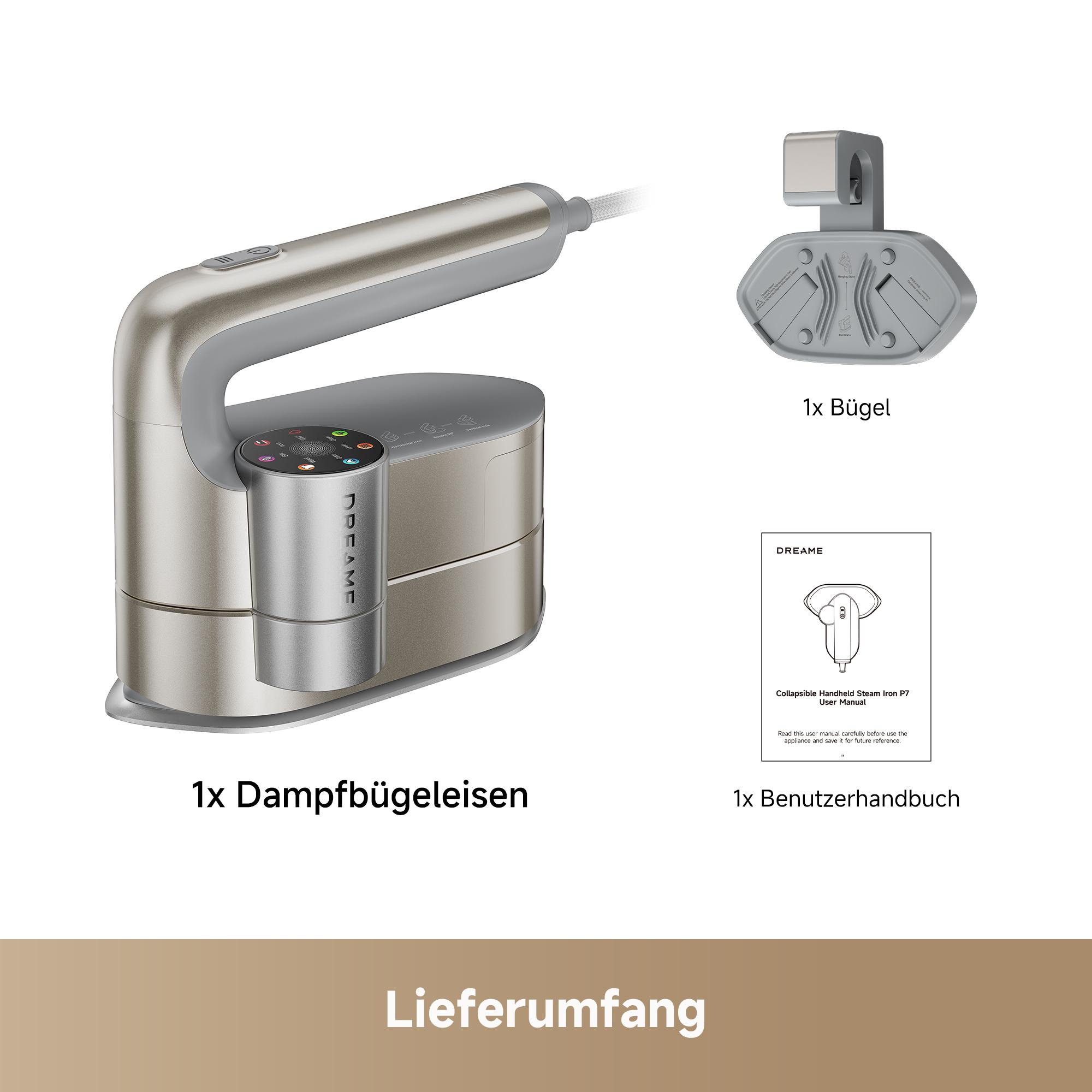 Ein Dampfbügeleisen, ein Bügel und ein Handbuch auf weißem Hintergrund.