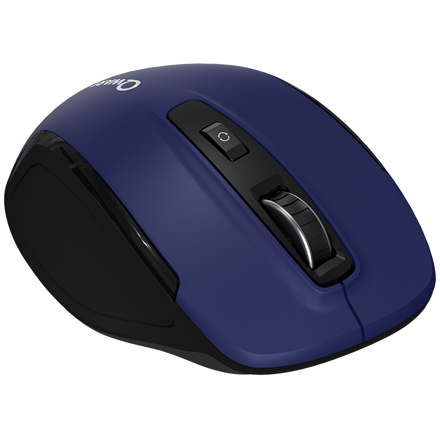 A blue computer mouse with a black scroll wheel and buttons.