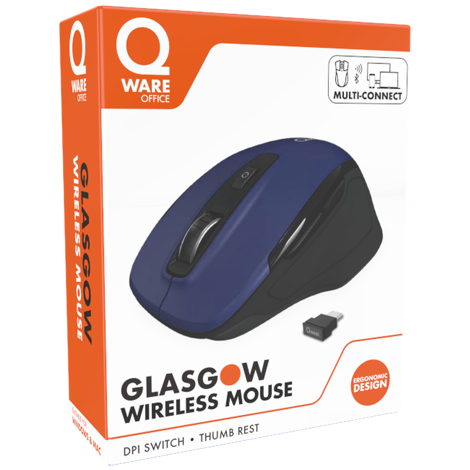 Packaging of a blue wireless mouse with "Glasgow Wireless Mouse" branding.