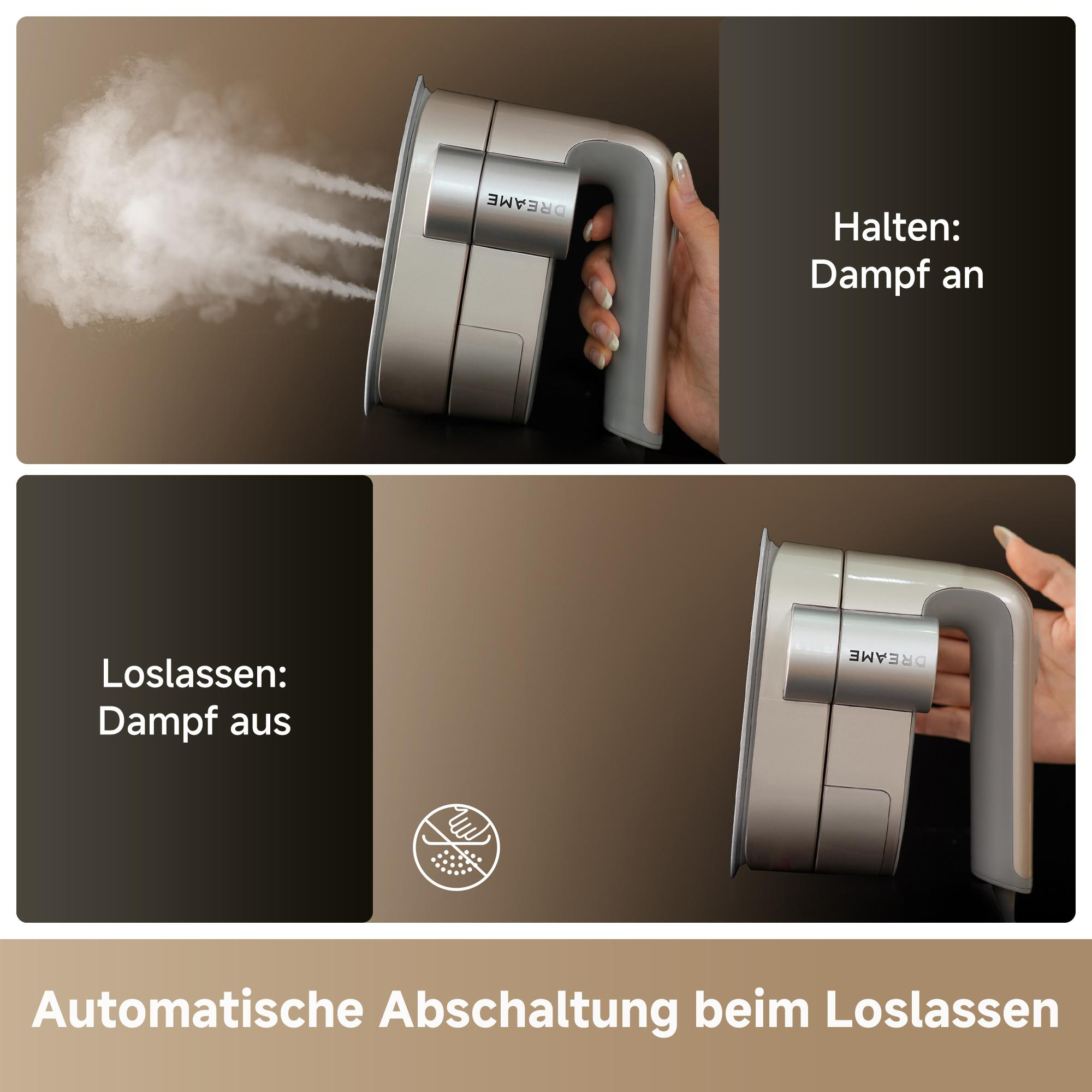 Dampfbügeleisen gibt Dampf ab, wenn gehalten; stoppt, wenn losgelassen.