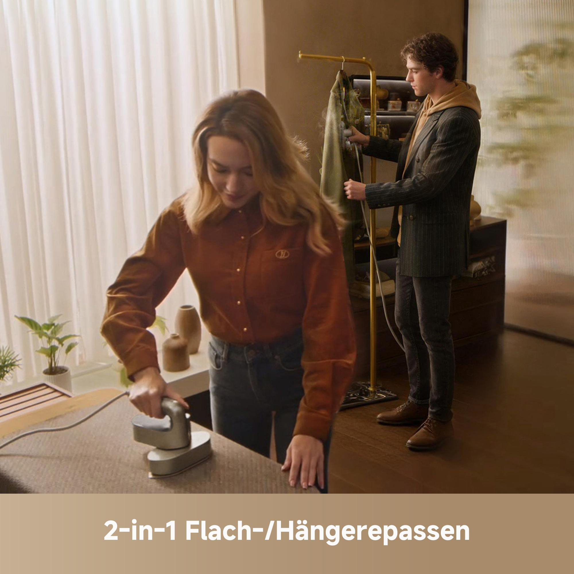 Frau bügelt, Mann hängt Kleidung auf Kleiderständer. Text: 2-in-1 Flach-/Hängerep.