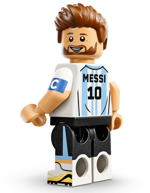 Lego-Figur von Messi in weiß-blauem Trikot mit der Nummer 10.