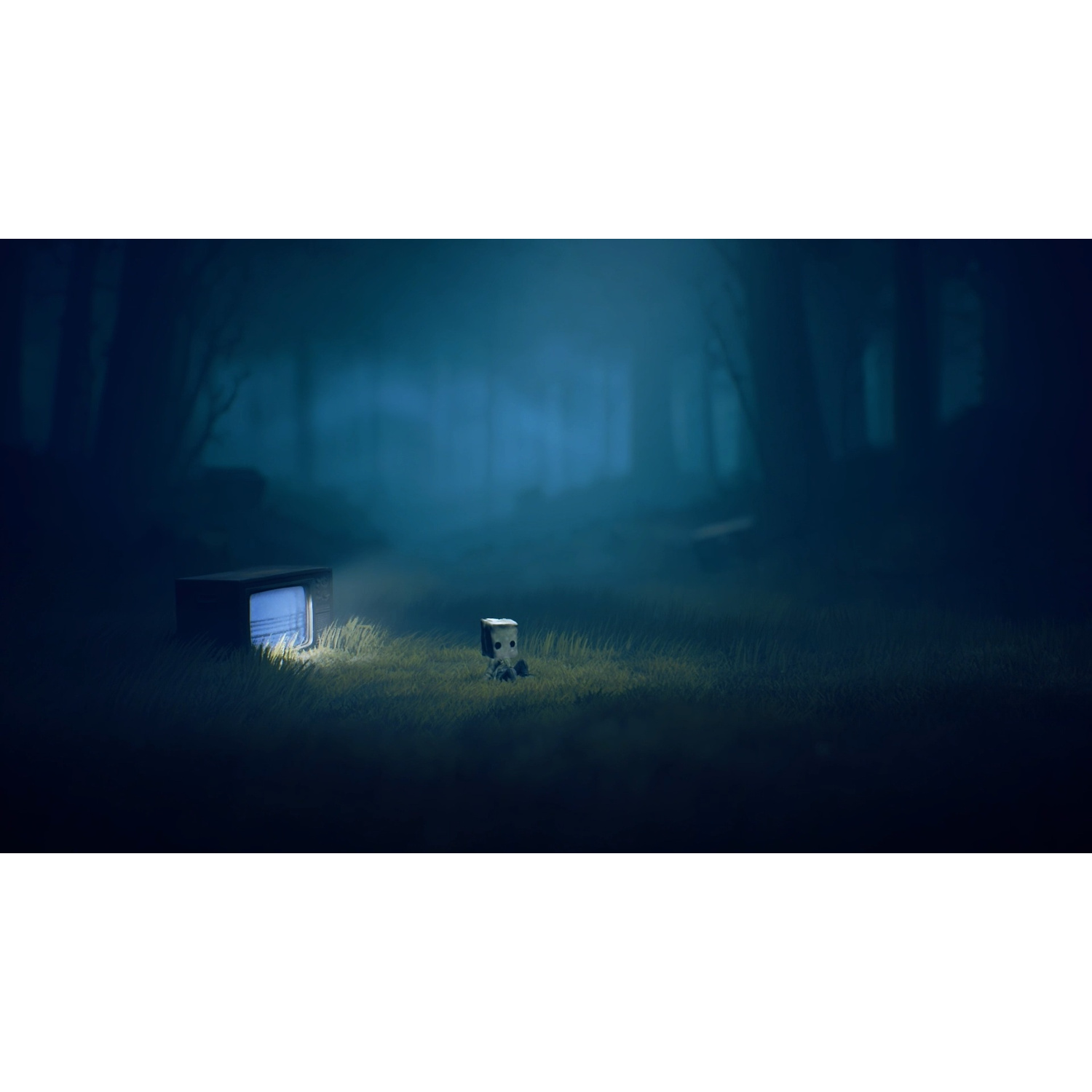 Una piccola figura siede in una foresta buia e nebbiosa accanto a un vecchio televisore.
