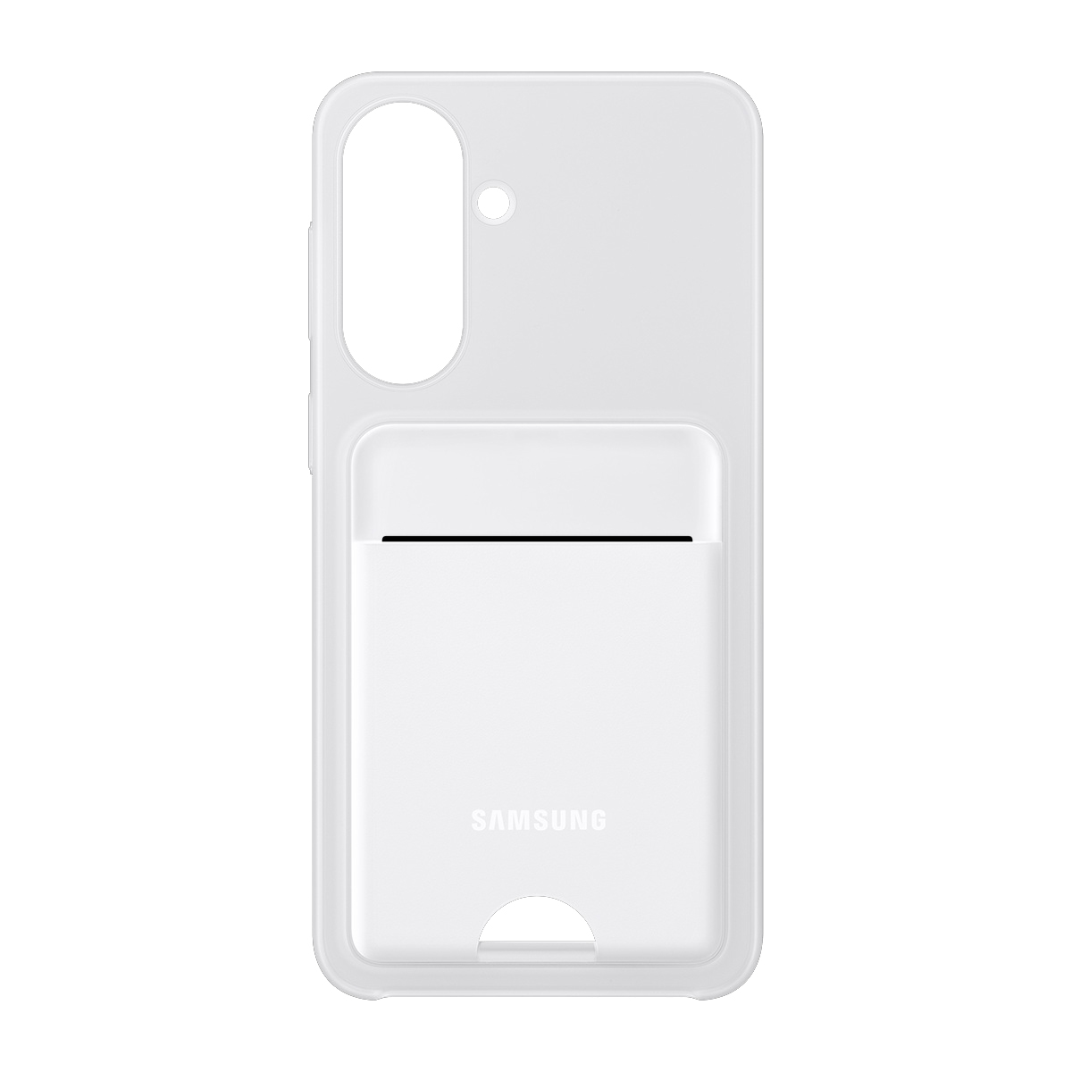 Kart yuvalı ve Samsung logolu beyaz telefon kılıfı.