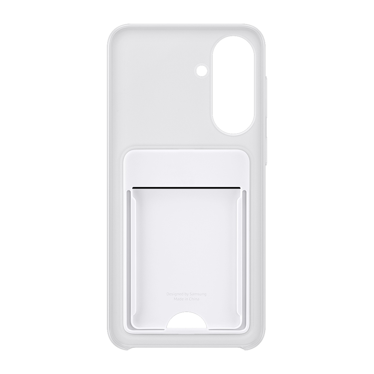 Kart yuvalı ve kamera kesimli beyaz telefon kılıfı.