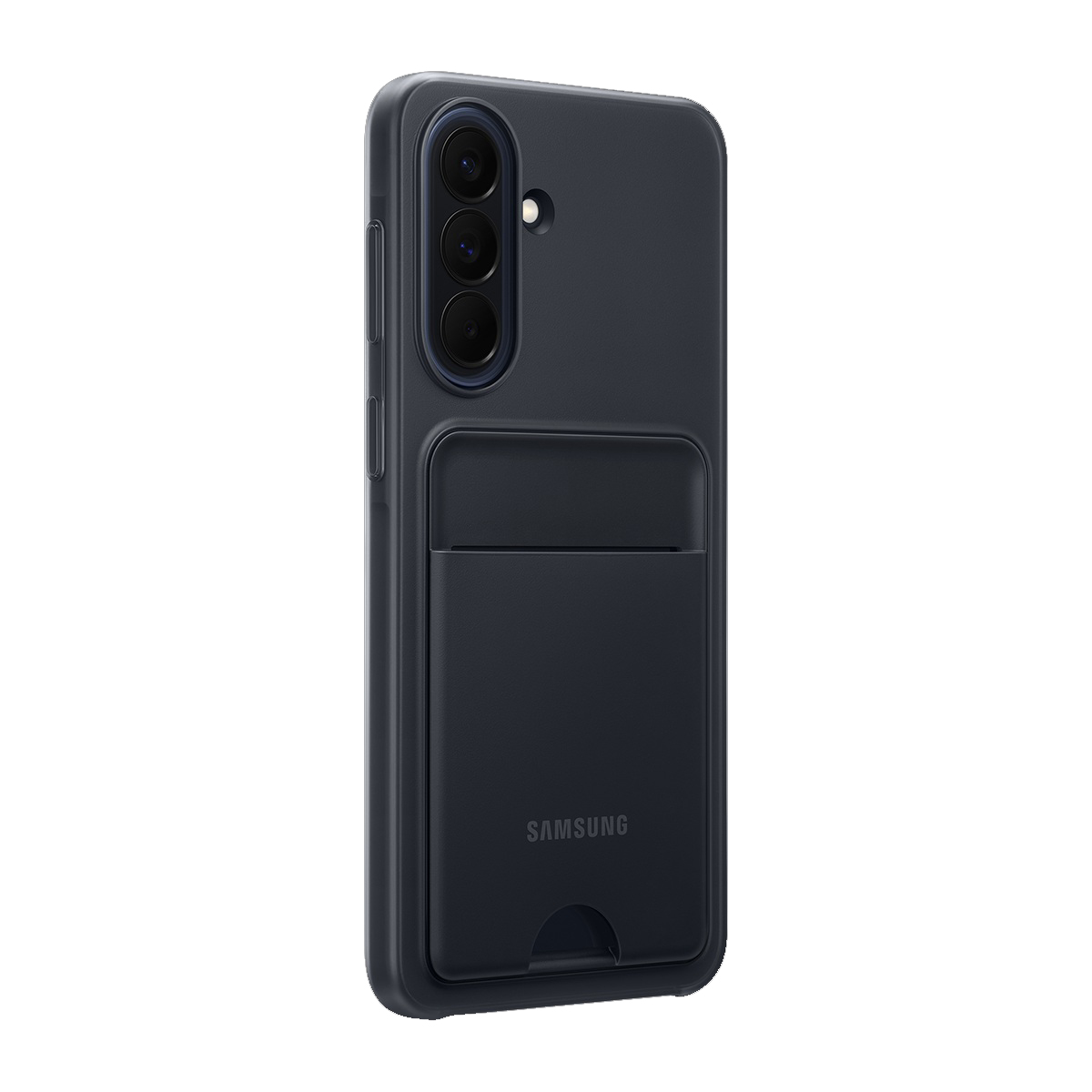 Arkada kart yuvası ve üçlü kamerası olan lacivert telefon kılıfı.