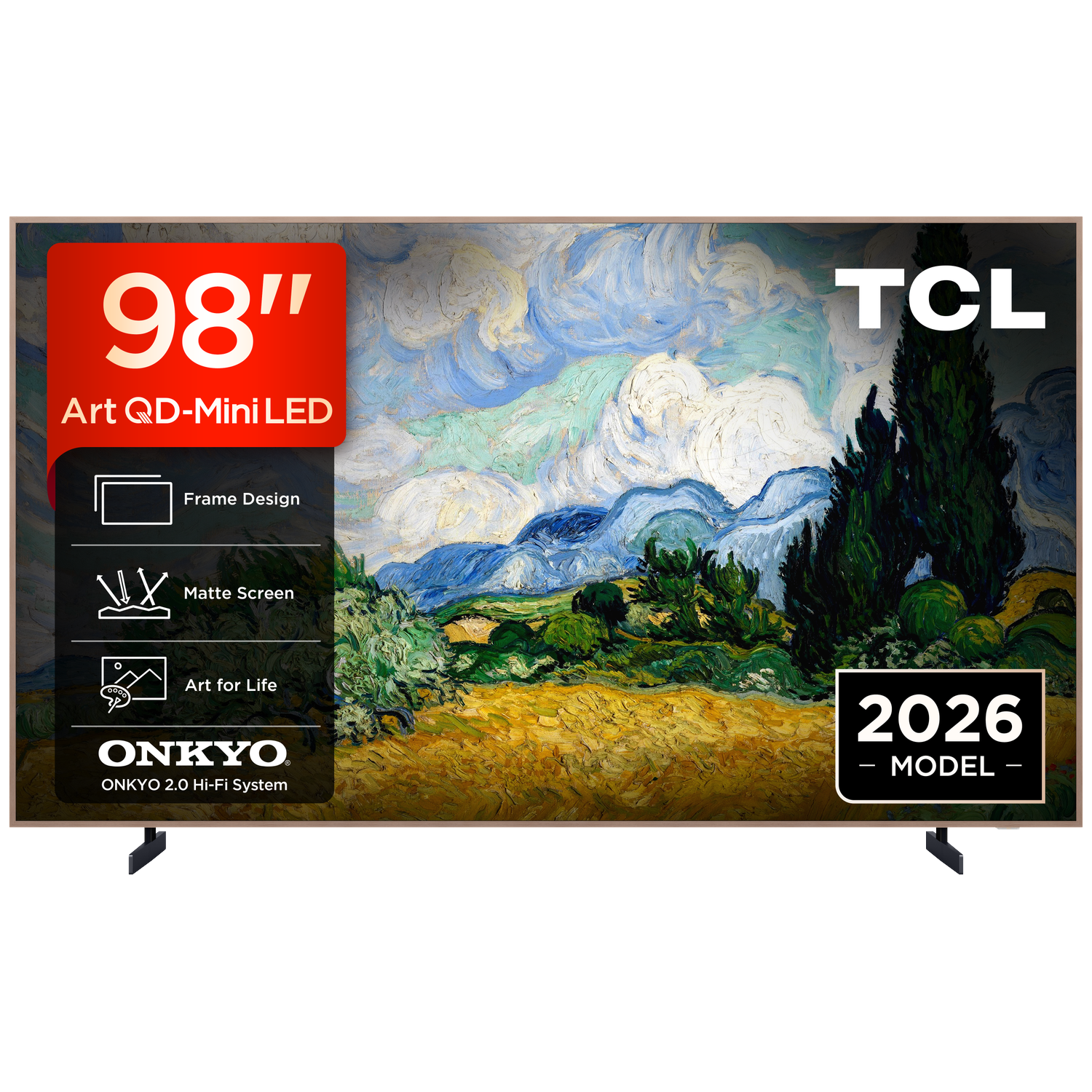 Een grote 98-inch TCL TV toont een schilderij van Van Gogh. Met Onkyo-systeem.