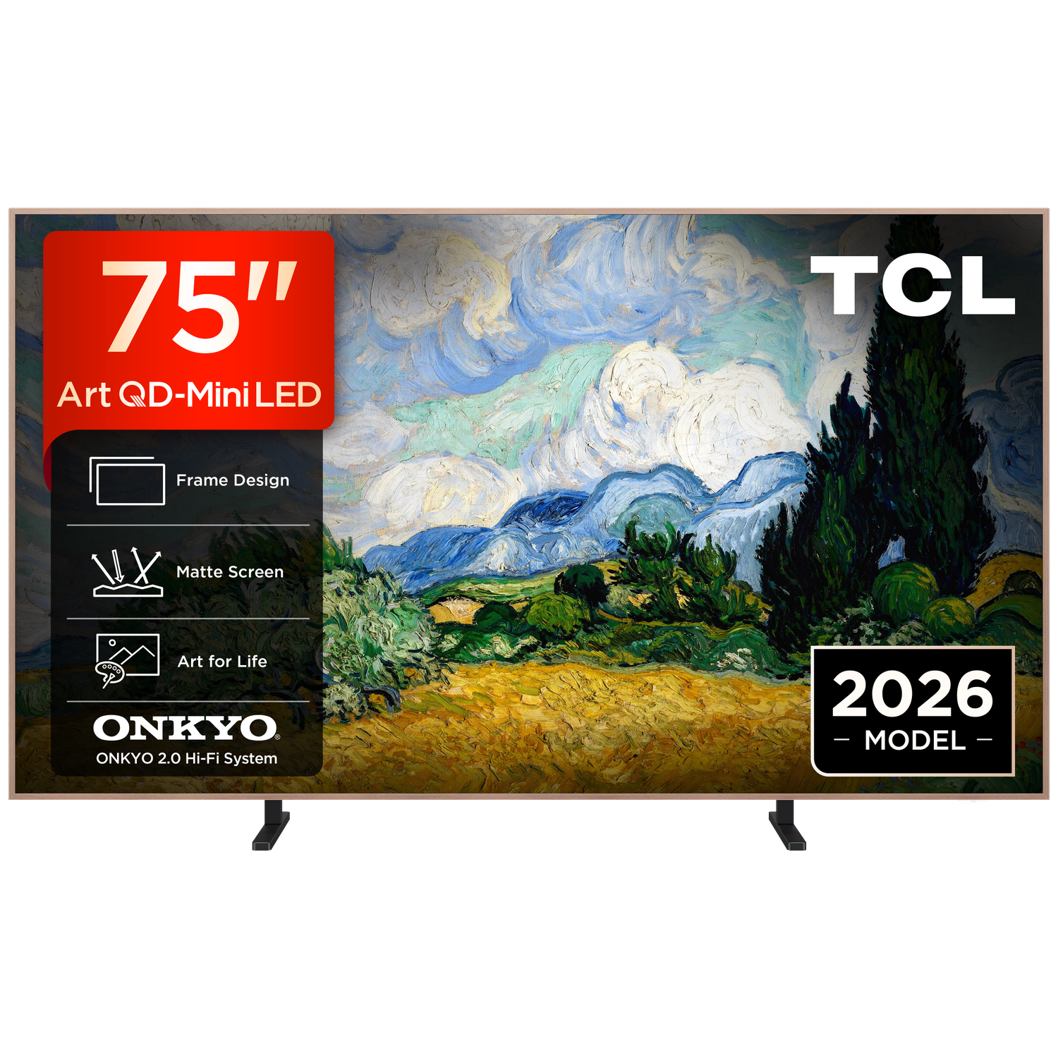 TCL 75" Art QD-Mini LED TV met frame design, mat scherm en Onkyo geluid.