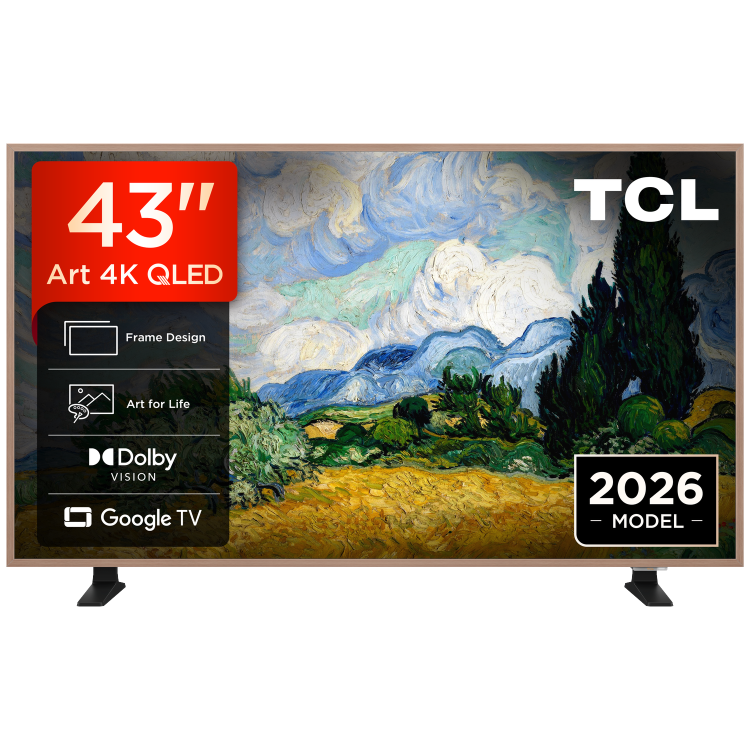Een TCL 43" 4K QLED TV met Van Gogh schilderij, Dolby Vision en Google TV.