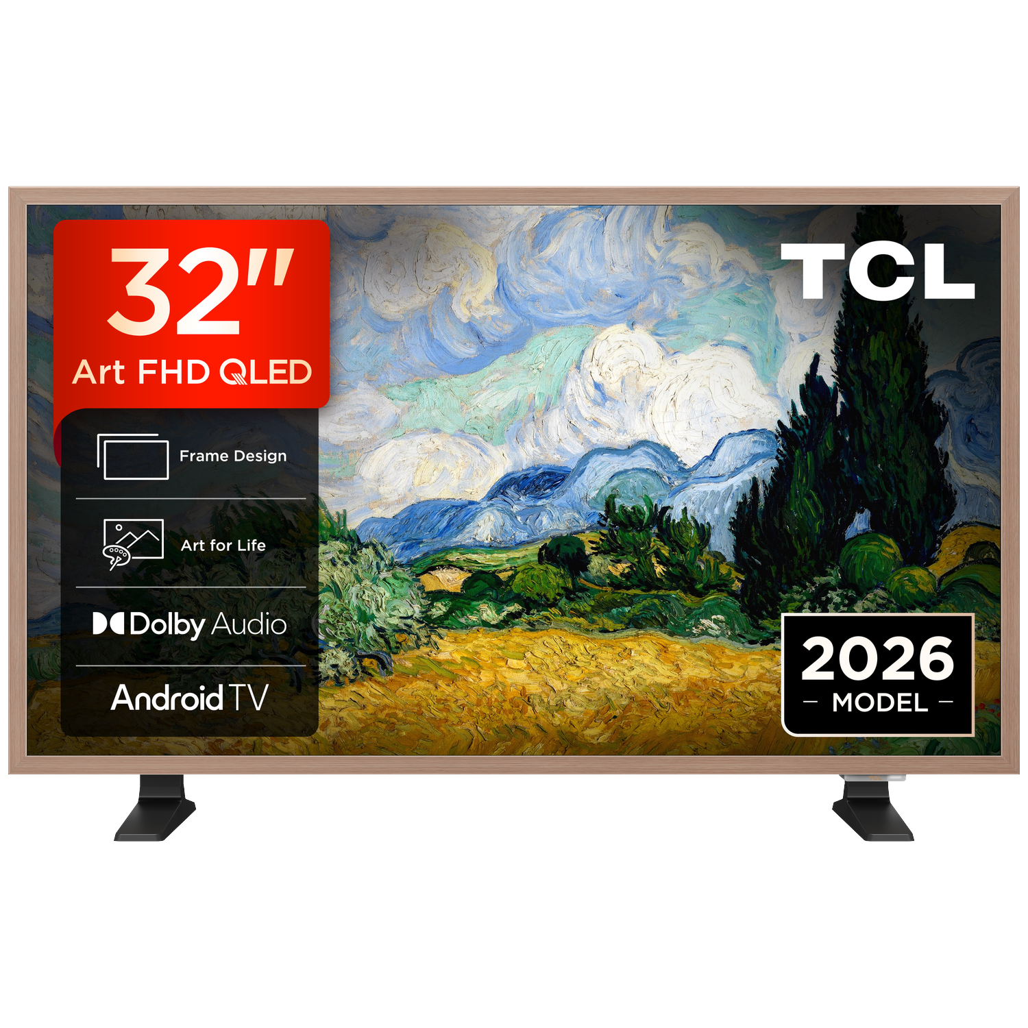 Een 32-inch TCL TV met een schilderij van Van Gogh en Dolby Audio.