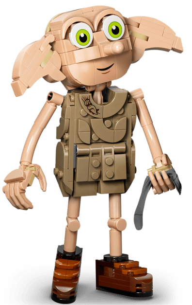 Lego-Figur von Dobby mit groen Ohren, grnen Augen und braunen Stiefeln.