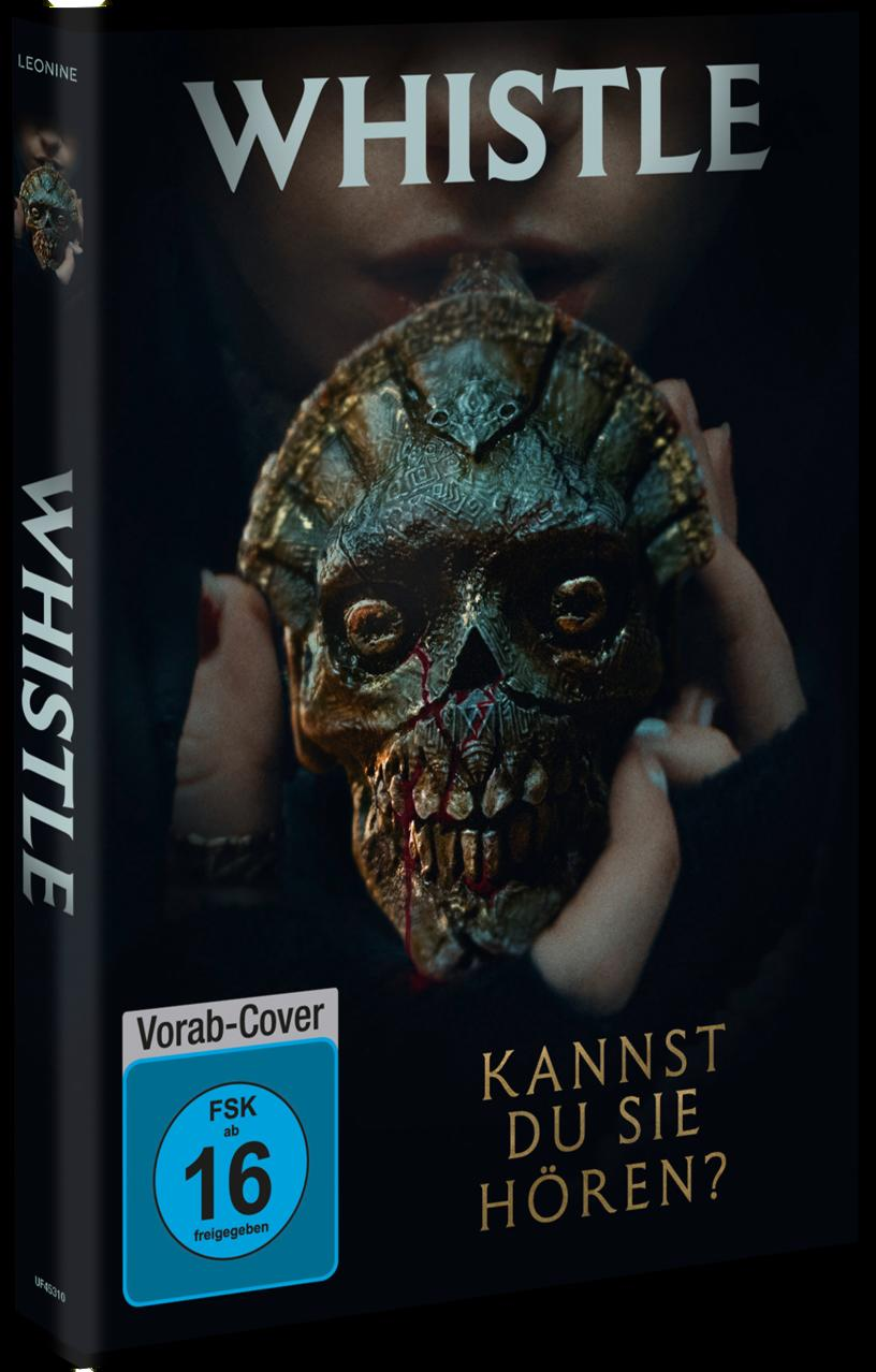 Eine schaurige Maske wird von Händen gehalten, mit "WHISTLE" und FSK 16.