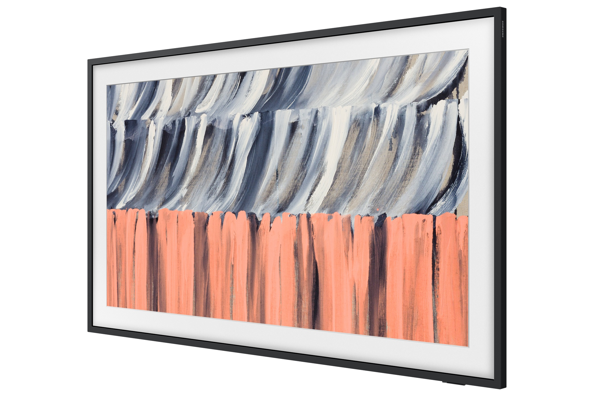 Pintura abstracta con coral y gris. Un marco negro rodea la obra de arte.
