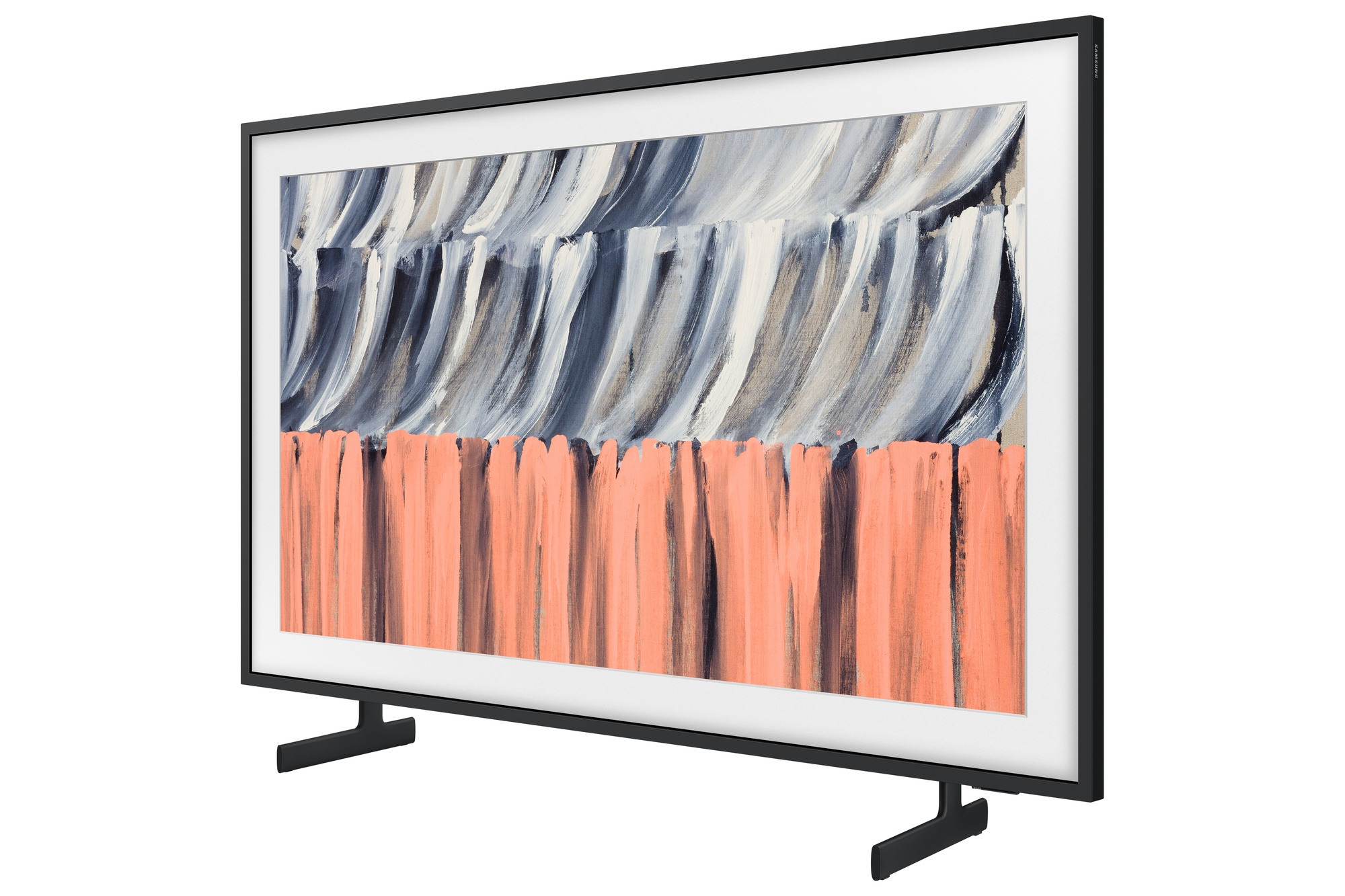 Un televisor moderno con marco negro que muestra una obra de arte abstracta de coral y trazos grises.