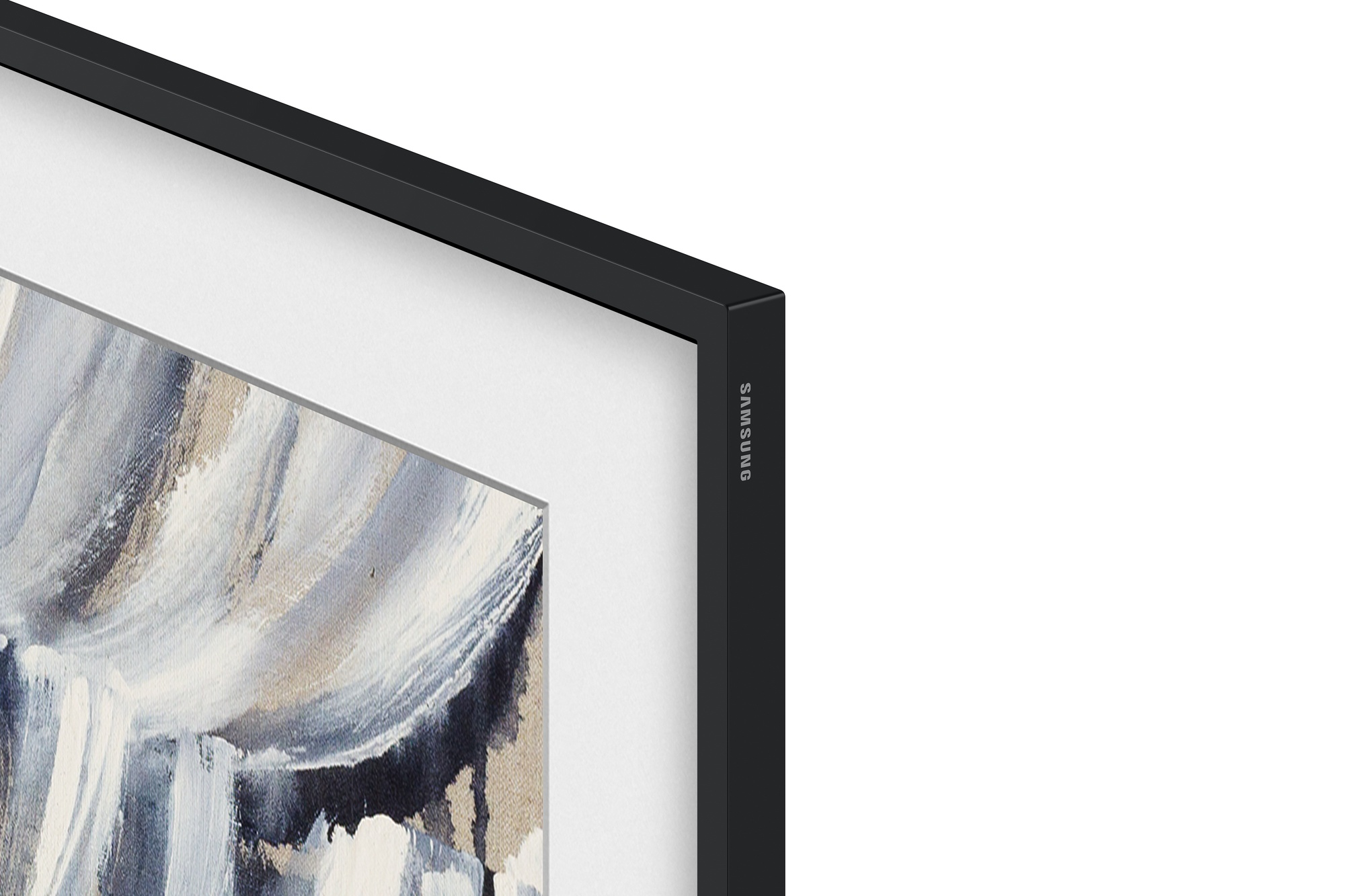 Un marco negro Samsung con una pintura abstracta en tonos azul, gris y beige.