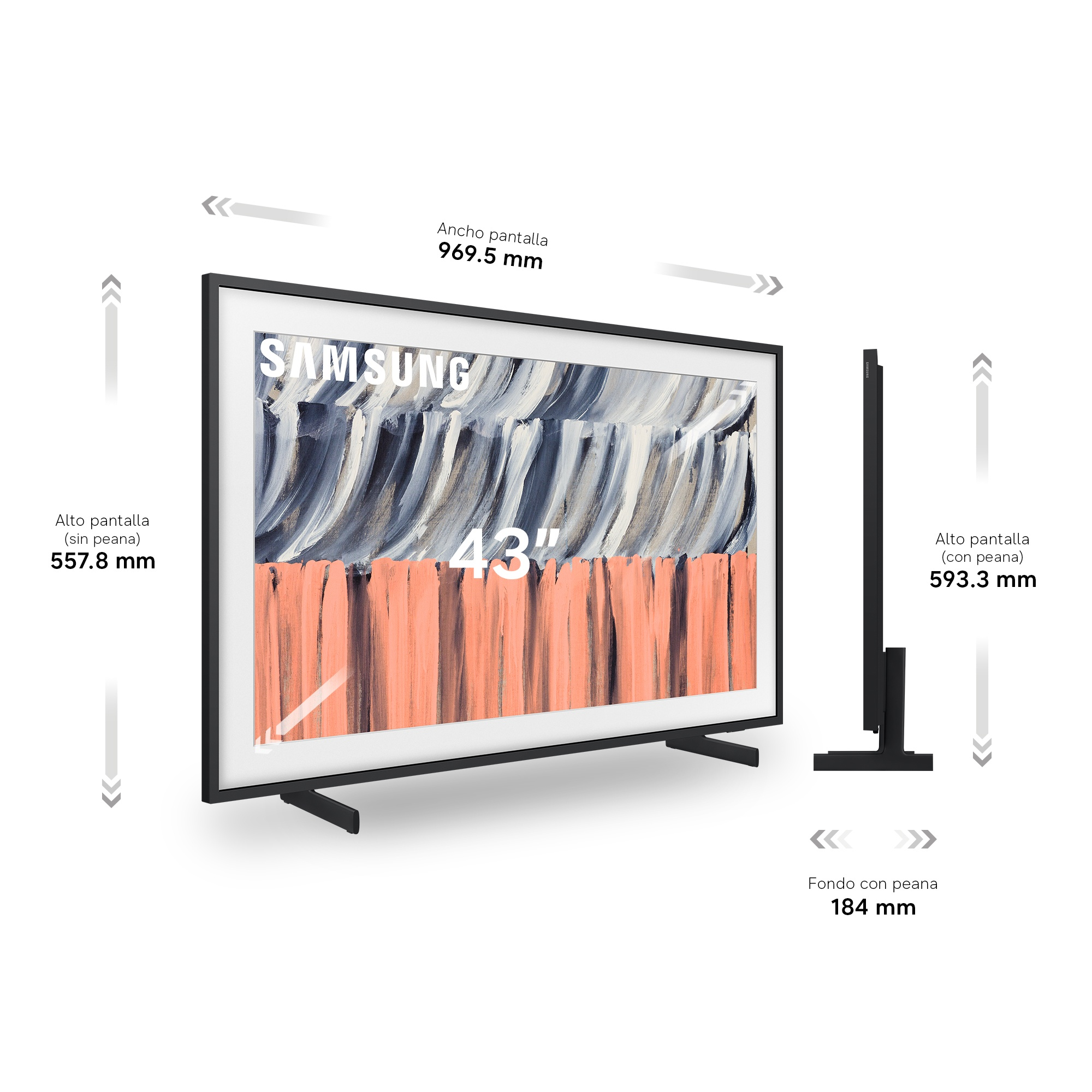 Ancho pantalla 969.5 mm Alto pantalla (sin peana) 557.8 mm Alto pantalla (con peana) 593.3 mm Fondo con peana 184 mm