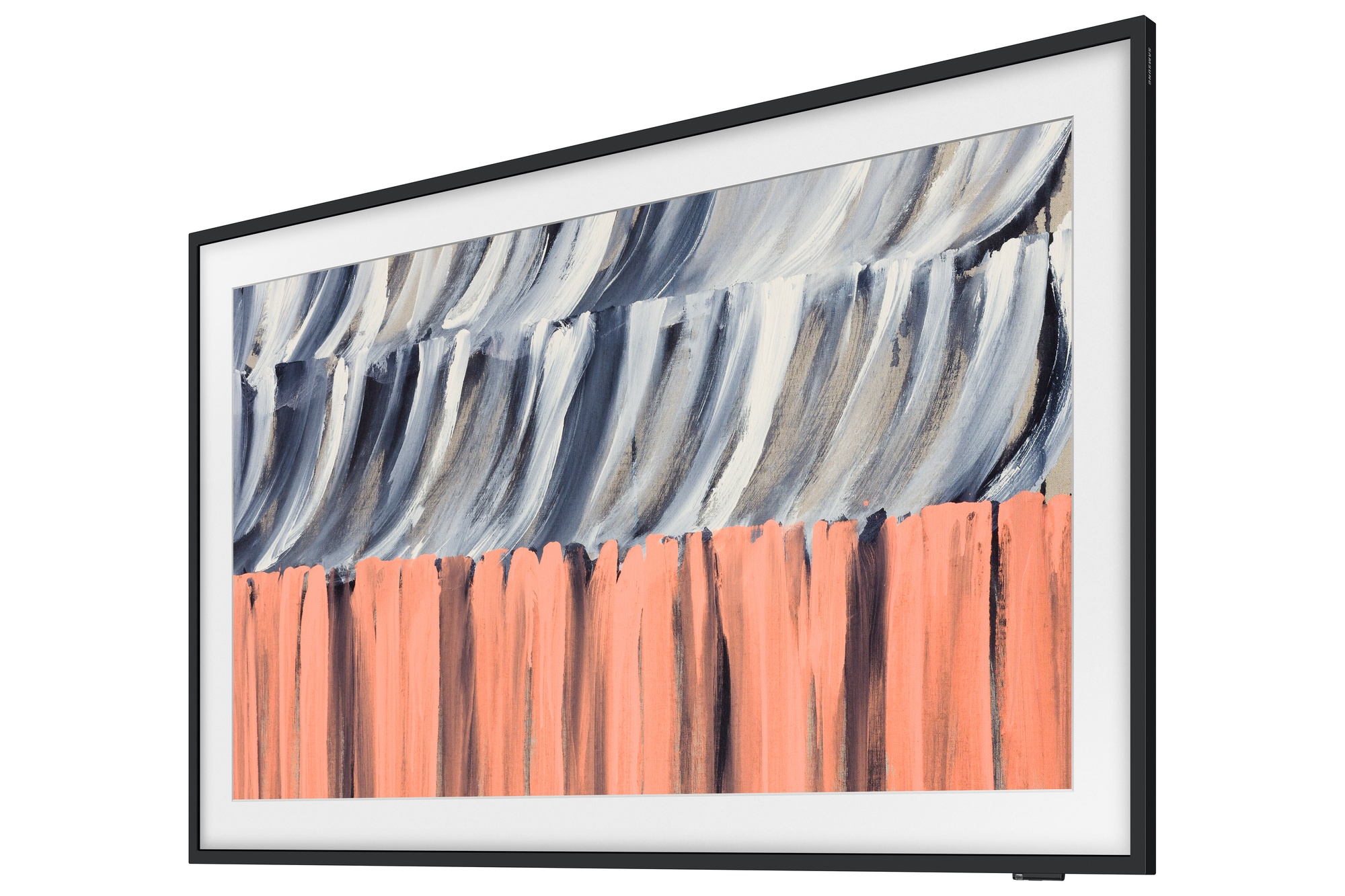 Una pantalla de TV con arte abstracto: trazos naranjas abajo, trazos grises y blancos arriba.