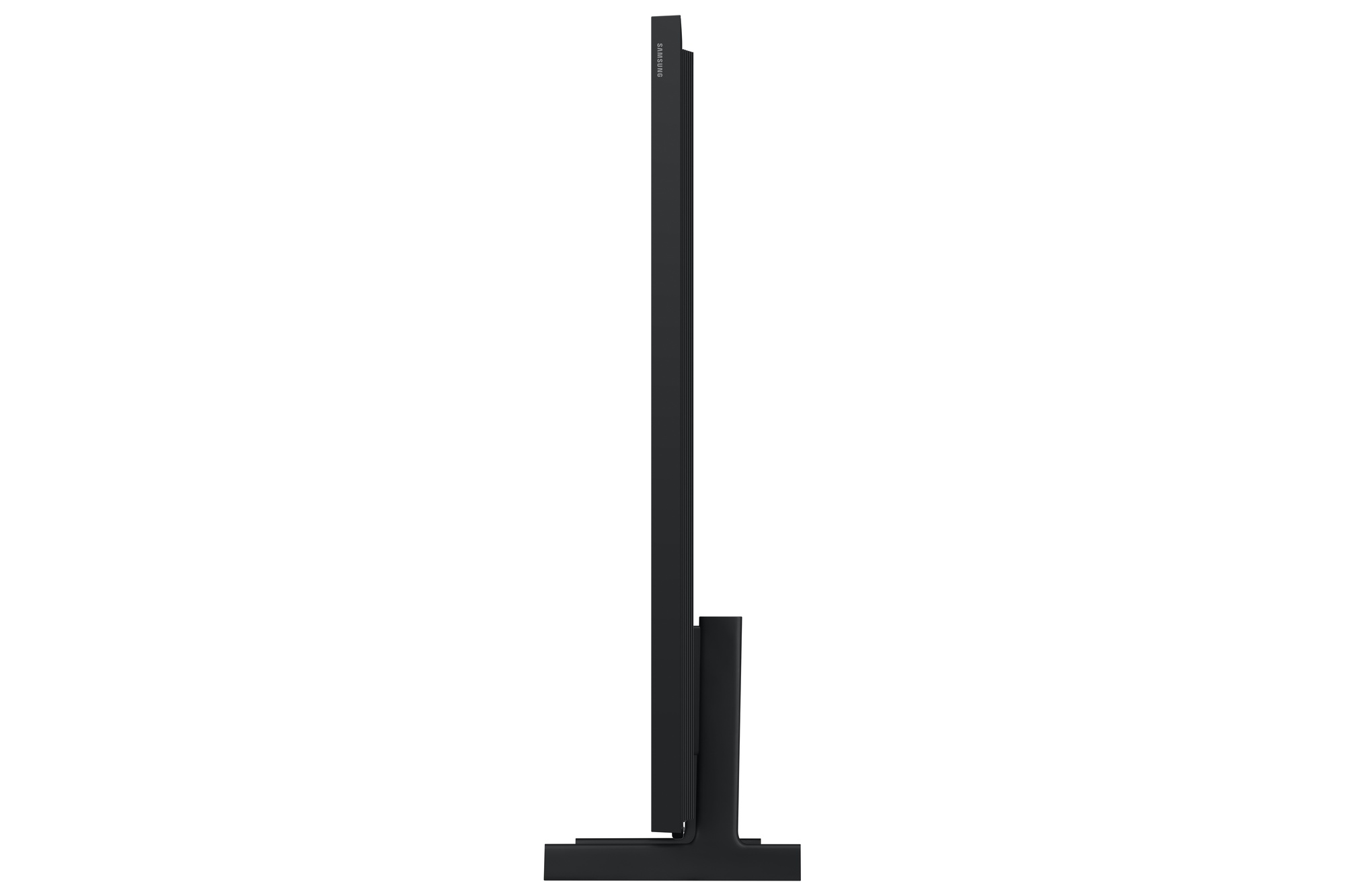 Televisor negro con perfil delgado y soporte, visto de lado.