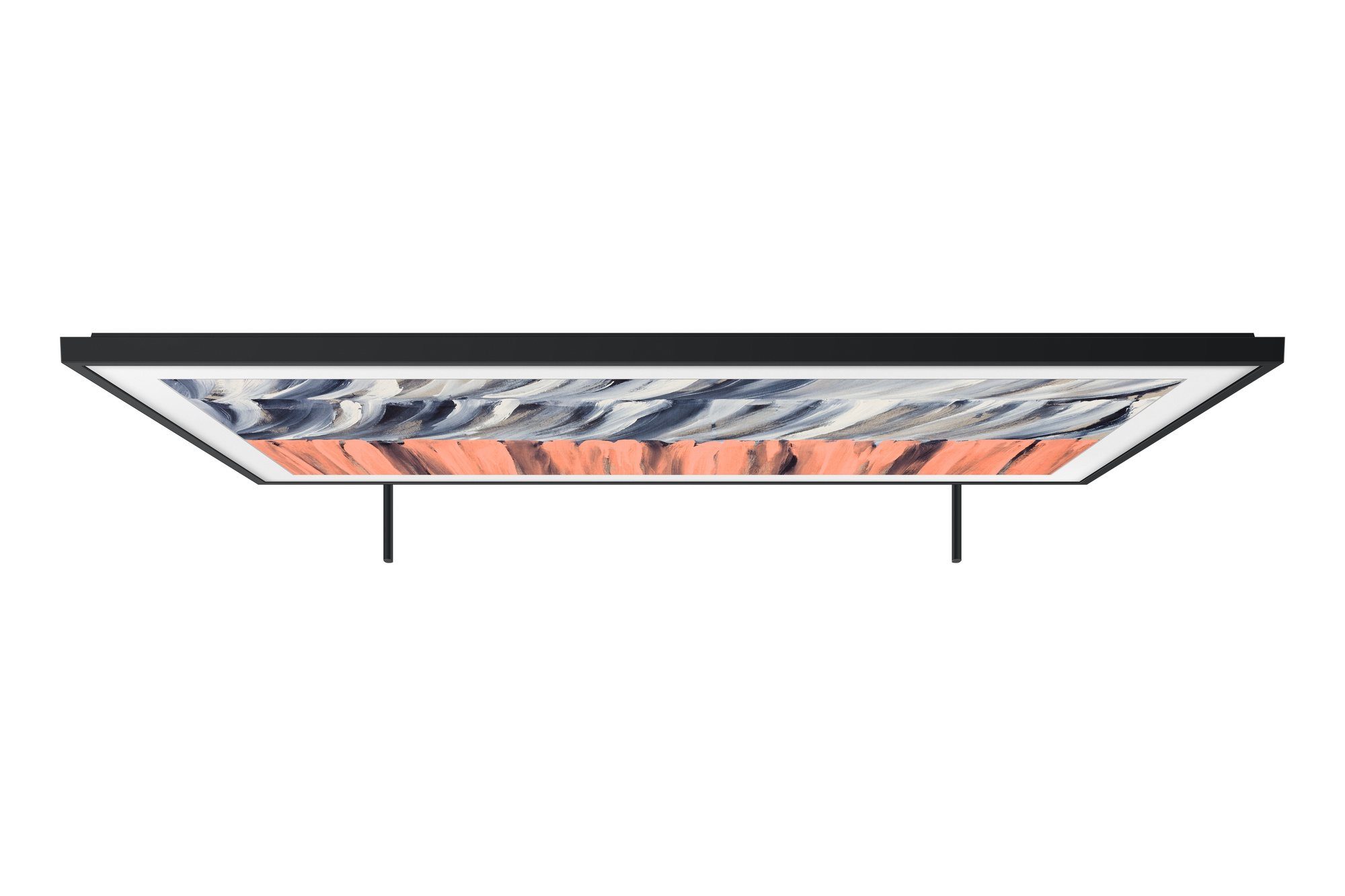 Un televisor de marco negro con arte abstracto en tonos naranja y azul/gris.
