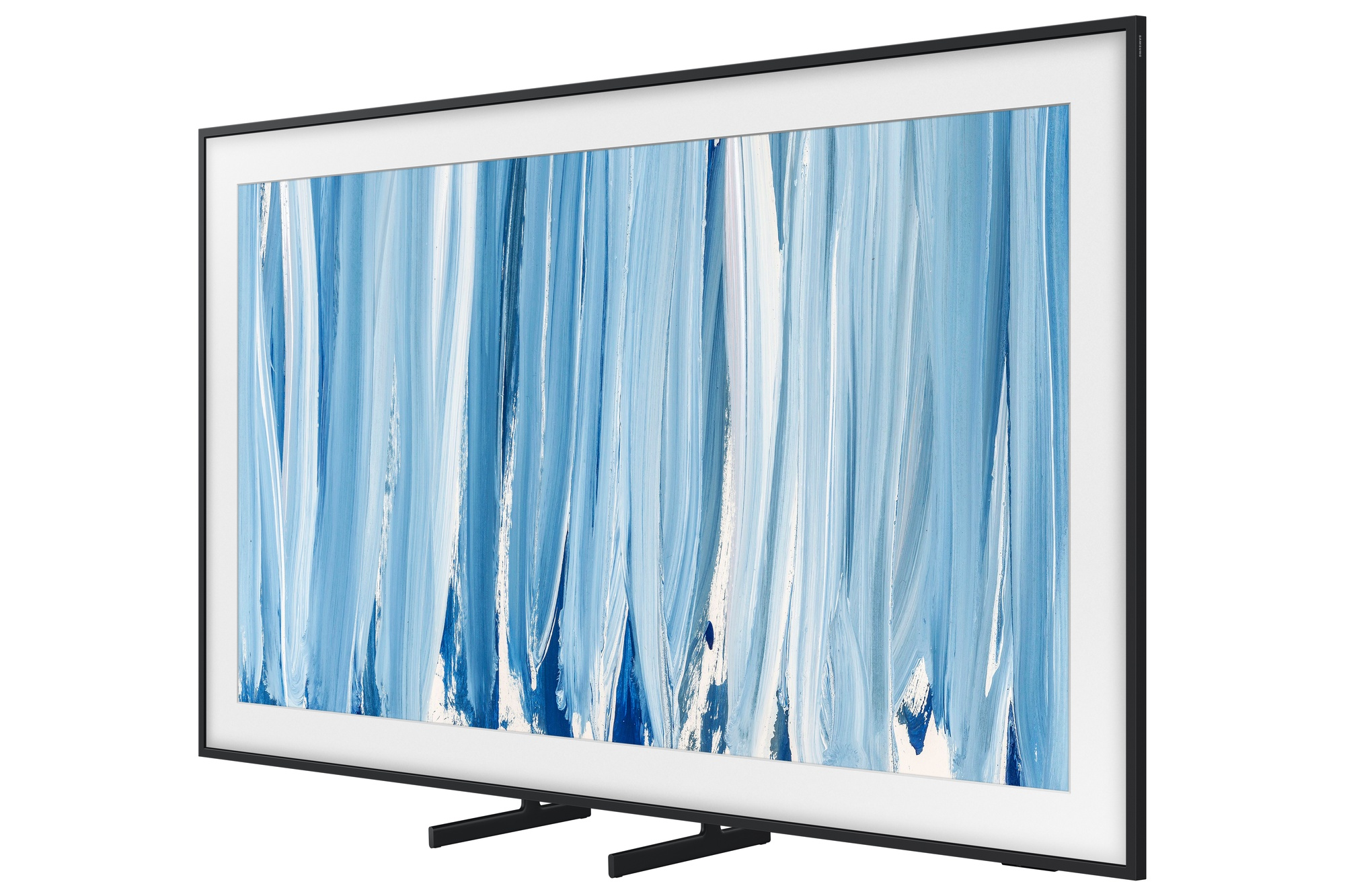 Un televisor que muestra una pintura abstracta en tonos azules y blancos, sobre un soporte.