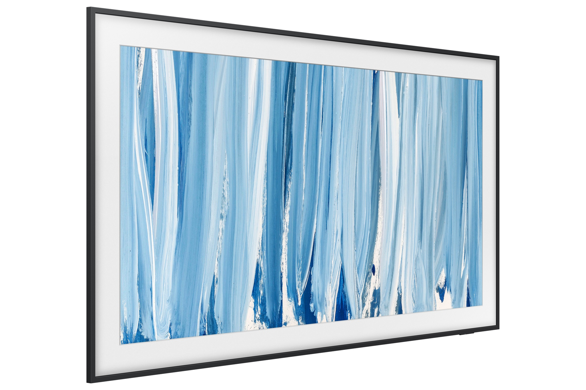 Pintura abstracta con pinceladas verticales azules y blancas sobre fondo blanco.